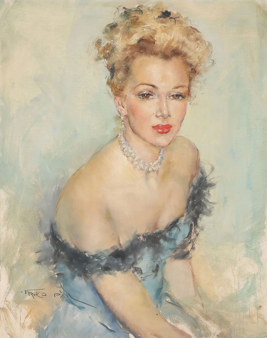 GREAT PAL FRIED EVA GABOR PORTRAIT: Pal Fried (Hungarian-American 1893-1976) Portrait of Eva Gabor Oil on canvas Signed lower left Fried Pal 30 x 23.75 inches (76 x 60.5cm). Overall, including frame, 37 x 31 inches (94 x 79cm) SHIPPING