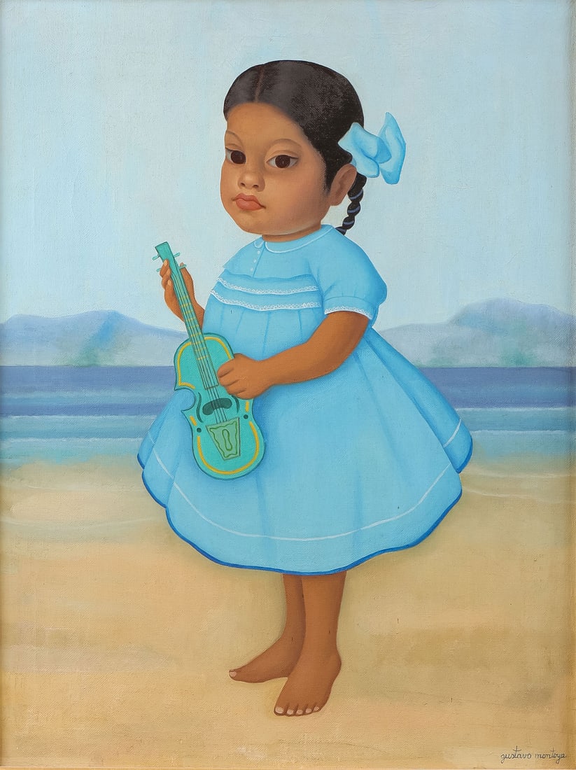 CHARMING GUSTAVO MONTOYA ORIGINAL PAINTING: Gustavo Montoya (Mexican 1905-2003) Young Girl in Blue with Violin -1969 Oil on canvas Signed lower right and titled, signed, and dated on verso 24 x 18 inches (61 x 46cm). Overall, including linen