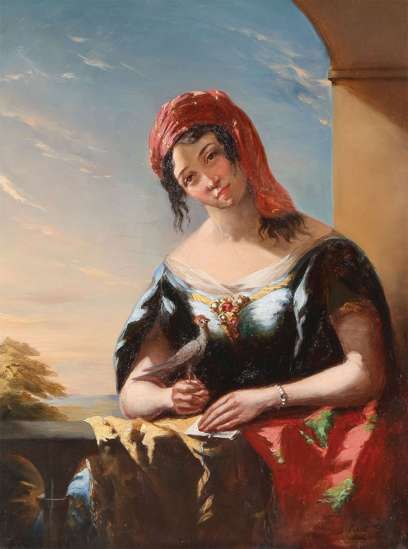 SIGNED & DATED OIL ON PANEL, 1864: Henry Nelson O'Neil (British 1817-1880) Lovesick - 1864 Oil on wood panel Signed and dated 1864 lower right and inscribed on verso of frame 16.5 x 12.5 inches (42 x 32cm). Overall, including frame,