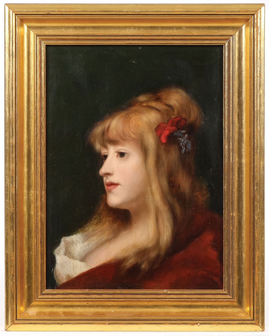 FRENCH PORTRAIT SIGNED G. MOREAU, 19TH C: French School (19th century) Portrait of Woman with Flower in Hair Oil on chamfered mahogany wood panel Signed lower right G. Moreau 13 x 9.5 inches (33 x 24cm). Overall, including gilt wood frame, 16