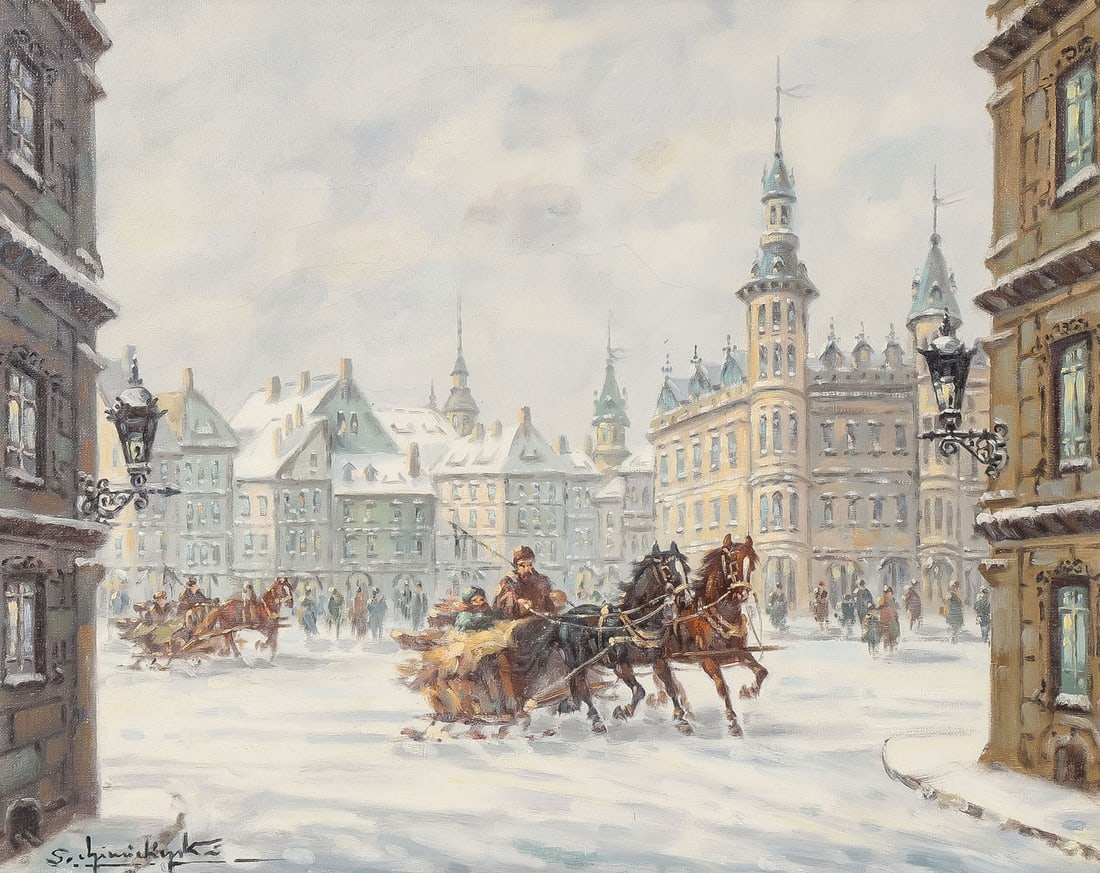 SIGNED POLISH PAINTING: Stanislav Chimilinsky (Polish b. 1936-) Warsaw Winter Scene Oil on canvas Signed lower left 16 x 20 inches (41 x 51cm). Overall, including frame, 23 x 26.75 inches (58.4 x 68cm) SHIPP