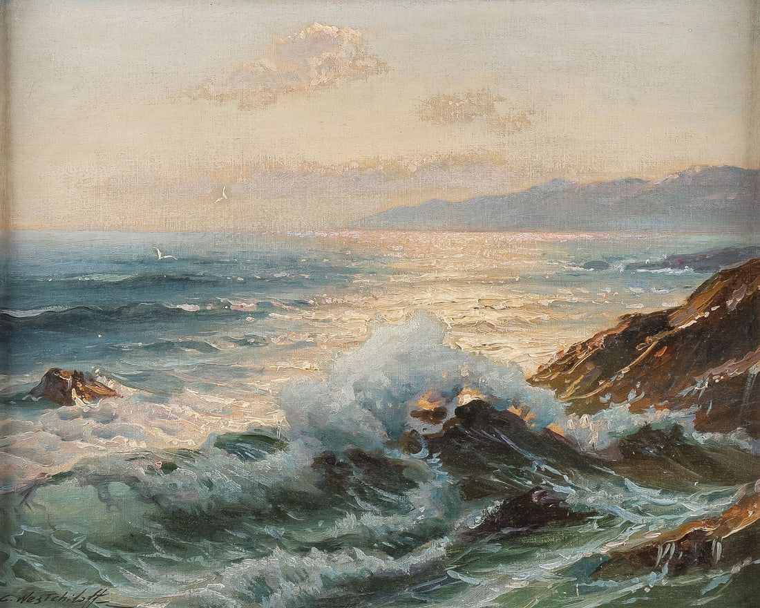 SIGNED WESTCHILOFF OIL PAINTING: Constantin Westchiloff (Russian/American 1877 - 1945) Crashing Waves at Sunrise Oil on canvas board Signed lower left 17.75 x 22 inches (45 x 56cm). Overall, including frame, 22 x 26.25 inches (56 x 6