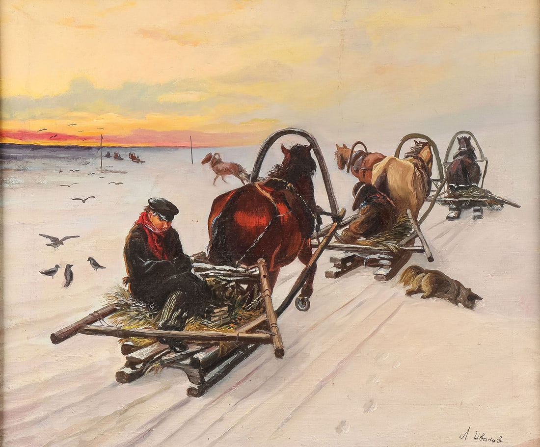 SIGNED RUSSIAN WINTER SLEIGH PAINTING: L. Ivannov (Russian 19th/20th Century) Winter Sleighs Oil on canvas Signed in Cyrillic lower right L. Ivannov 20 x 24 inches (51 x 61cm). Overall, including frame, 25.75 x 29.75 inches (65.3 x 75.5cm)