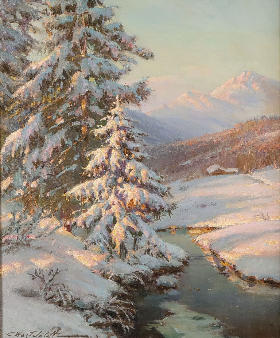 BEAUTIFUL WESTCHILOFF SIGNED ALPINE PAINTING: Constantin Westchiloff (Russian 1878-1945) Alpine Winter Landscape at First Light Oil on canvas Signed lower left 25.5 x 21 inches (65 x 53.5cm) Overall, including gilt press molded frame, 34.5 x 30 i