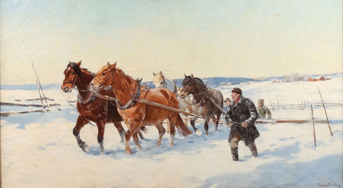 GREAT SIGNED NORWEGIAN PAINTING, C. 1890: Elisabeth Sinding (Norwegian 1846?1930) Winter Scene with Horses Oil on canvas Signed lower right and verso of frame with label of C.W. Blomquist-Kristiania 29.75 x 53 inches (75.5 x 135cm). Overall, 