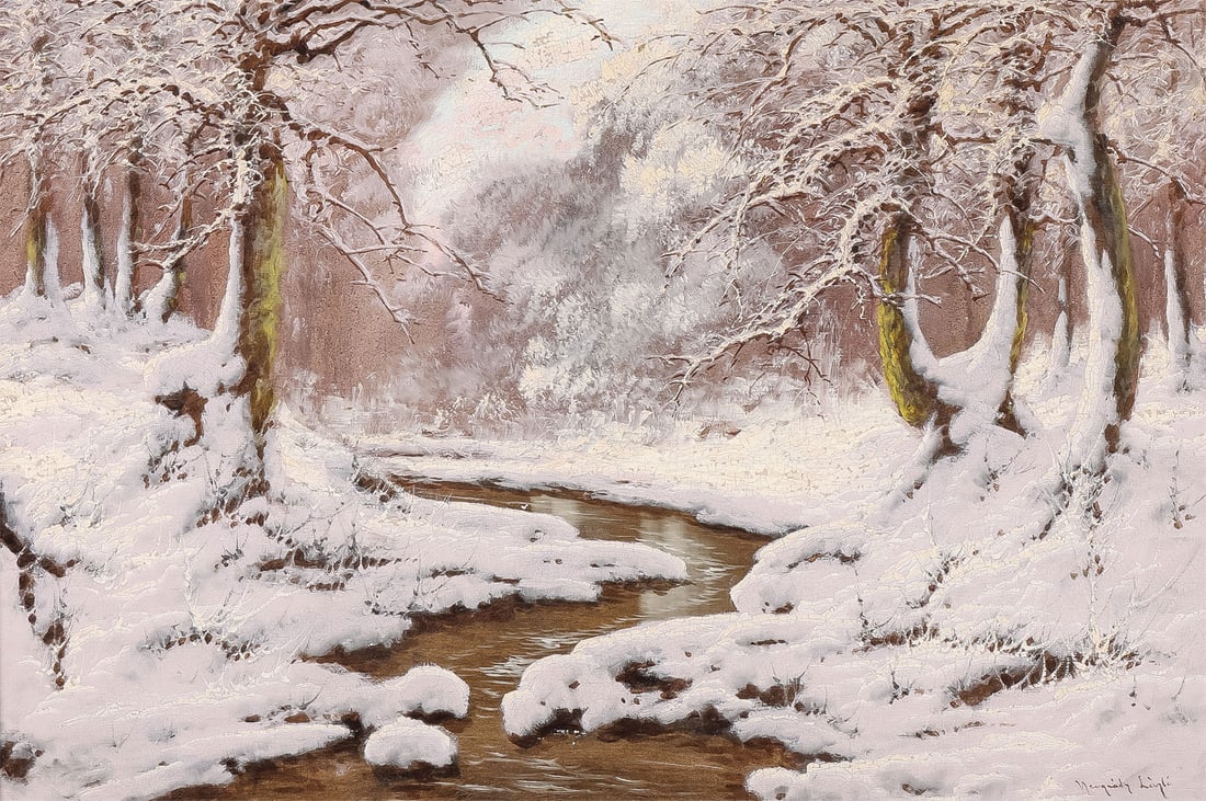 SIGNED NEOGRADY SNOW SCENE PAINTING: Laszlo Neogrady (Hungarian1896-1962) Interior Forest Snow Scene Oil on canvas Signed lower right 24 x 36 inches (61 x 91.5cm). Overall, including impressive gilt frame, 36 x 48 inches (91.5 x 122cm)