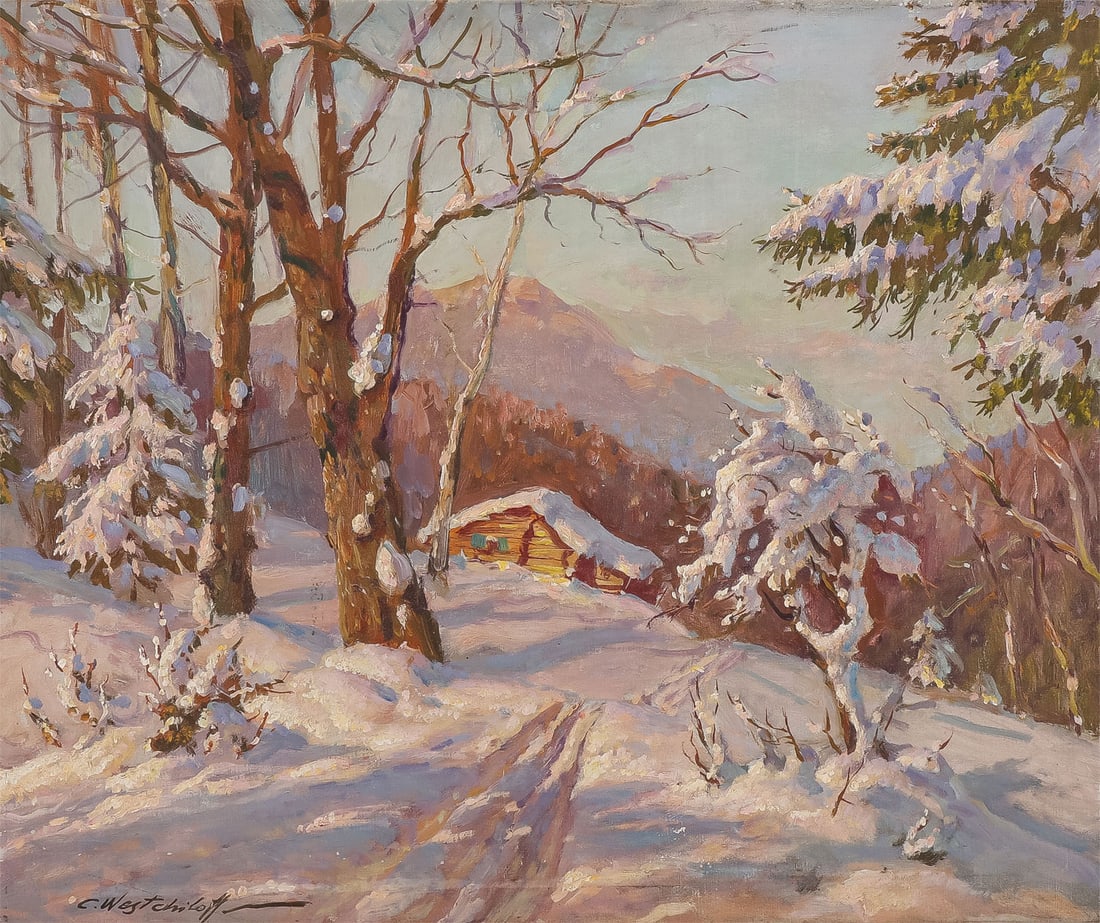 GOOD SIGNED RUSSIAN WINTER PAINTING: Constantin Westchiloff (Russian/American 1877 ? 1945) Cabin in Winter Alpine Landscape Oil on canvas Signed lower left 21 x 25 inches (53.5 x 63.5cm), unframed SHIPPING NOTICE: