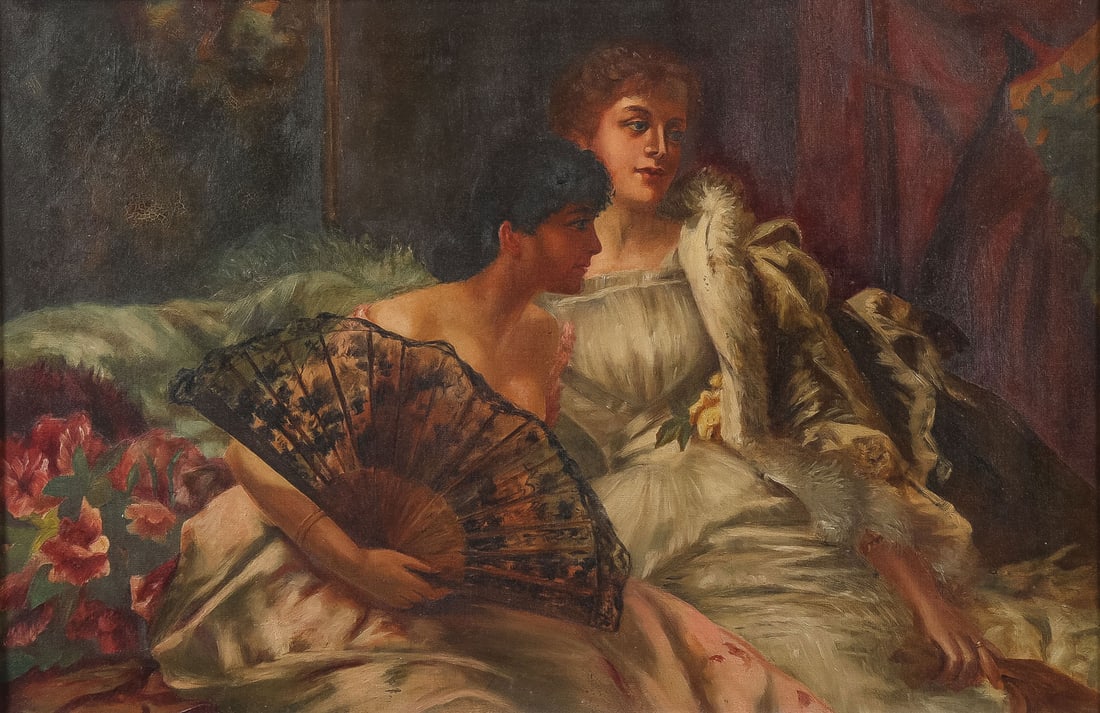 LOVELY VINTAGE OIL PAINTING, C. 1890: Conrad Kiesel (German 1846 - 1921) After the Ball ? circa 1890 Oil on canvas Unsigned 20 x 30 inches (51 x 76.5cm). Overall, including frame, 37 x 27 inches (94 x 68.5cm) SHIPPING NOT