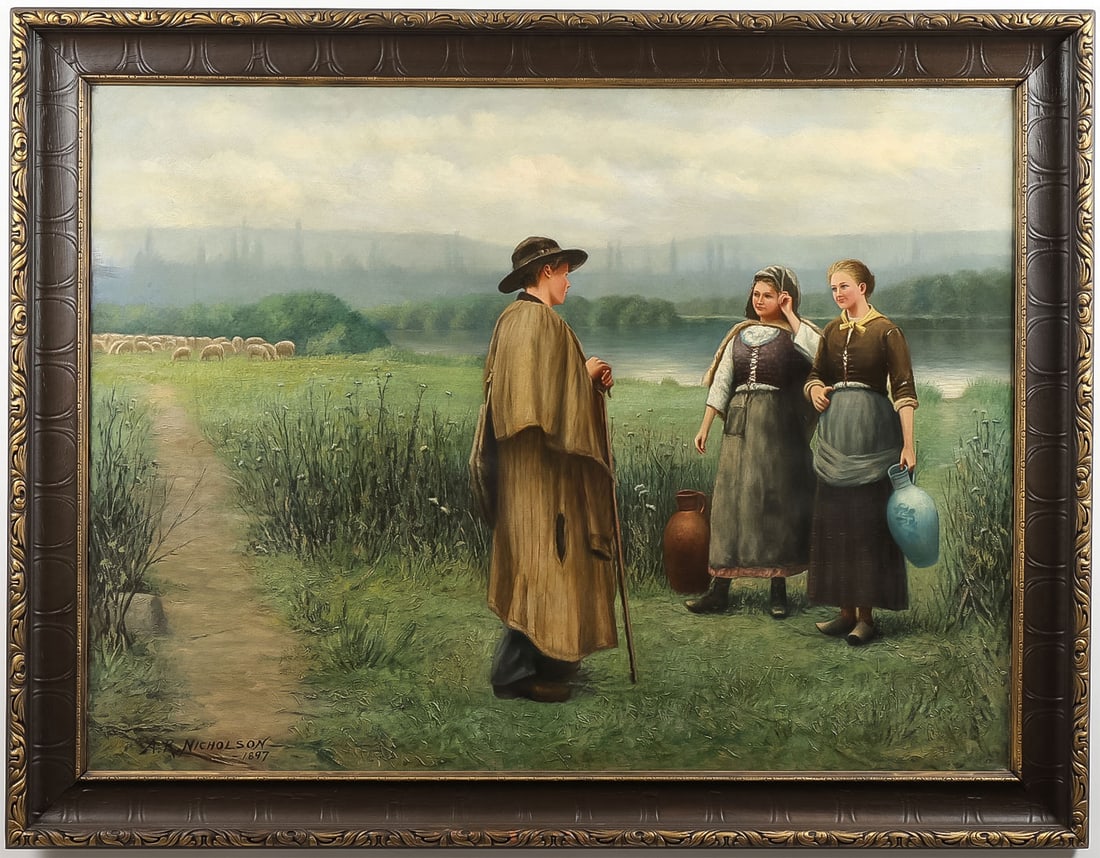 LARGE SIGNED & DATED BRITISH PAINTING, 1897: A. R. Nicholson (British 19 Century) Brittany Scene with Shepherd Boy and Water Gatherers -1897 Oil on canvas Signed lower left and dated 1897 36 x 48 inches (91.5 x 121.8cm). Overall, including frame