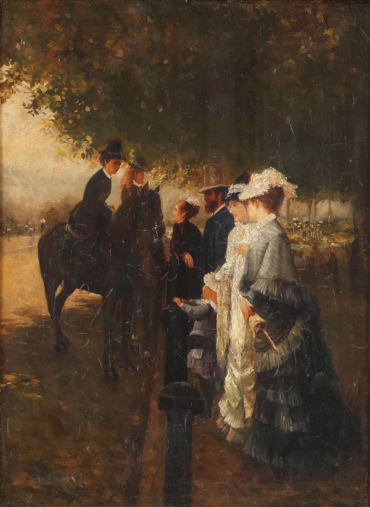 ATTRACTIVE OIL ON WOOD PANEL PAINTING: Giuseppe De Nittis (Italian 1846-1884) Elegant Women in Hyde Park, London Oil on wood panel Unsigned 15.75 x 11.75 inches (40 x 30cm). Overall, including frame, 20.25 x 16.25 inches (51 x 41 cm)