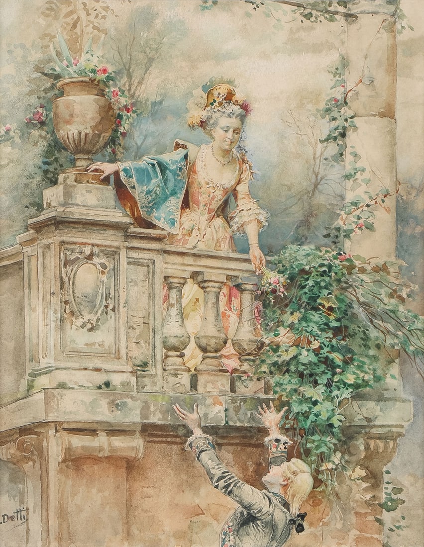 GOOD SIGNED ITALIAN WATERCOLOR: Cesare Auguste Detti (Italian 1847-1914) Romeo and Juliet ? circa 1890 Watercolor on paper Signed lower left C. Detti 10 x 8 inches (25.4 x 20.3cm). Overall, including glazed gilt frame, 21.75 x 19.75
