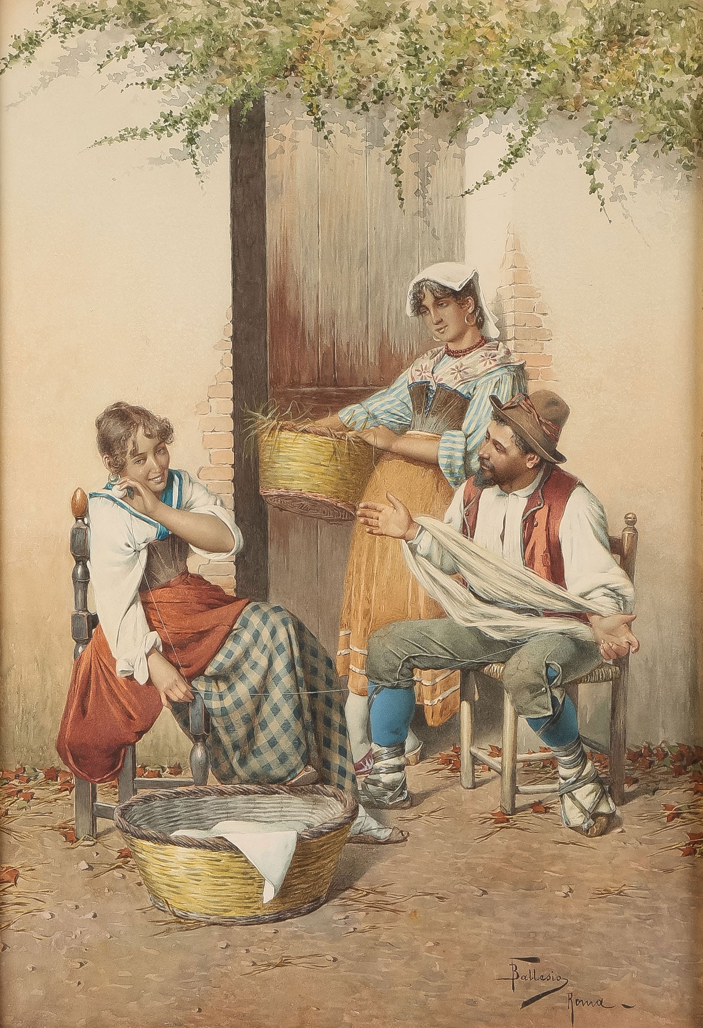 GREAT ITALIAN PAINTING BY BALLESIO, C.1890: Francesco Ballesio (Italian 1860-1923) A Romantic Interlude while Making Yarn - circa 1890 Watercolor Signed lower right FBallesio Roma 22 x 15.5 inches (56 x 39.5cm). Overall, including good vintage 