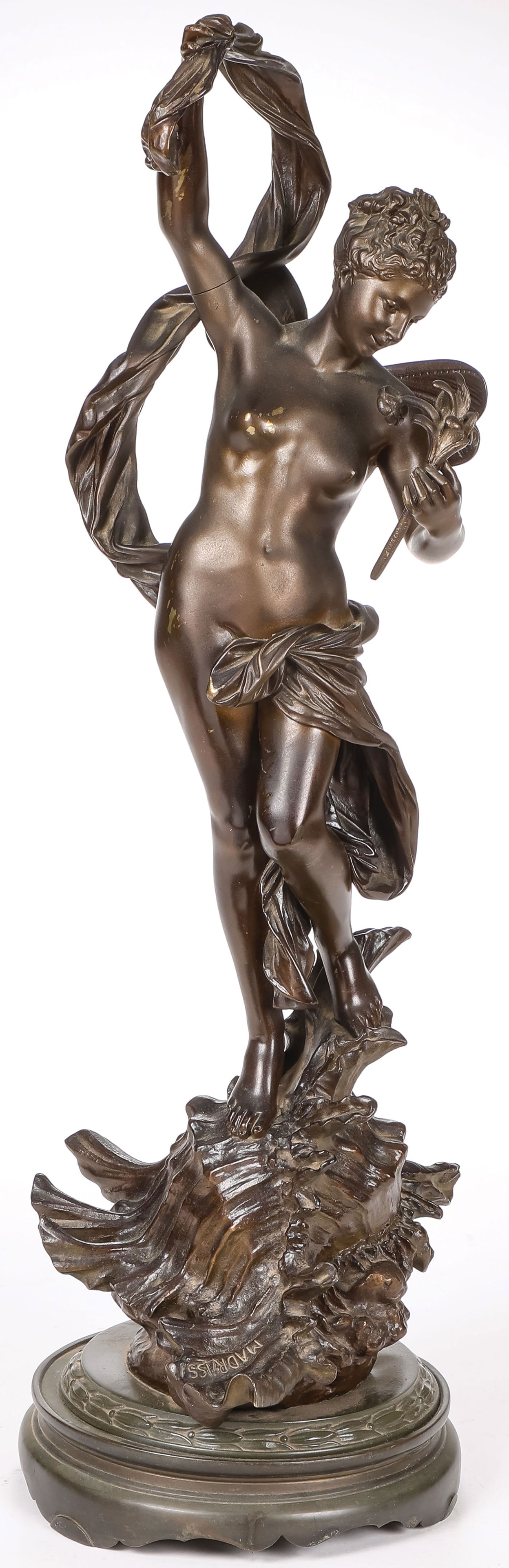 BEAUTIFUL SIGNED FRENCH BRONZE, 19TH C: Luca Madrassi (Italian/French 1848 ? 1919) Sea Nymph Bronze with dark brown patina Signed on conch shell Overall height, including raised circular base, 28.5 inches (72.5cm) SHIPPING