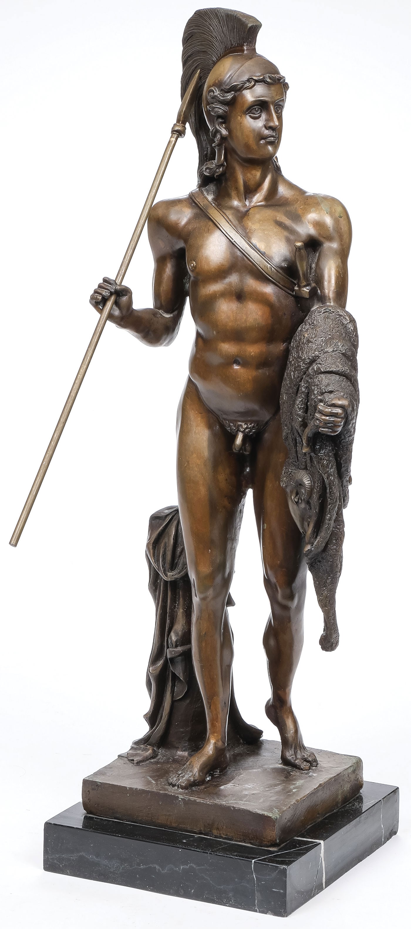 IMPRESSIVE BRONZE AFTER THORVALDSEN: After Albert Bertel Thorvaldsen (Danish 1770-1844) Jason Holding the Golden Fleece Bronze with brown patina on marble base Unsigned Height 24.25 inches (61.5cm), height including base 26 inches (66cm)