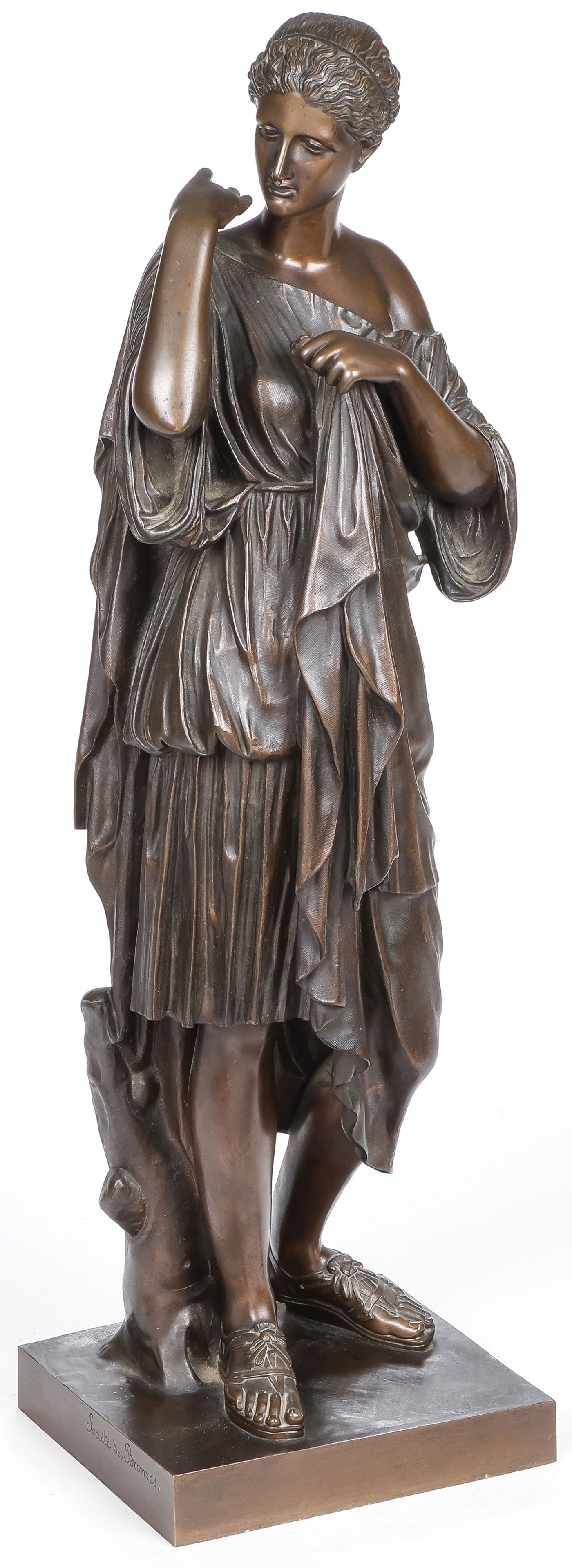 LARGE FRENCH BRONZE, DIANA OF GABII, 19TH C: LARGE FRENCH BRONZE, DIANA OF GABII, 19TH C. Comprising a finely cast and patinated bronze figure of Diana of Gabii, with chased details, after the antique statue of the goddess Artemis, discovered in