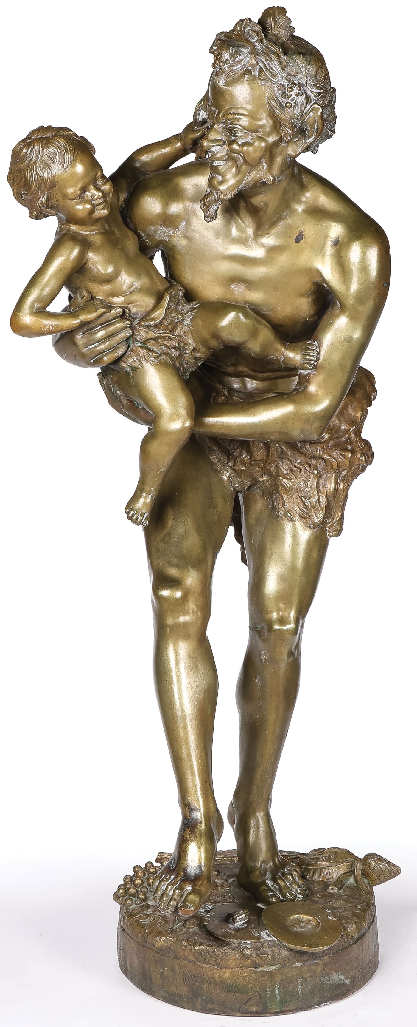 LARGE SIGNED BRONZE FIGURE OF BACCHUS: Karl Thylmann (German 1888-1916) Bacchus with Child Bronze Signed on base Thylmann Height 36.5 inches (93cm) SHIPPING NOTICE: If you are not using the Live Auctioneers L