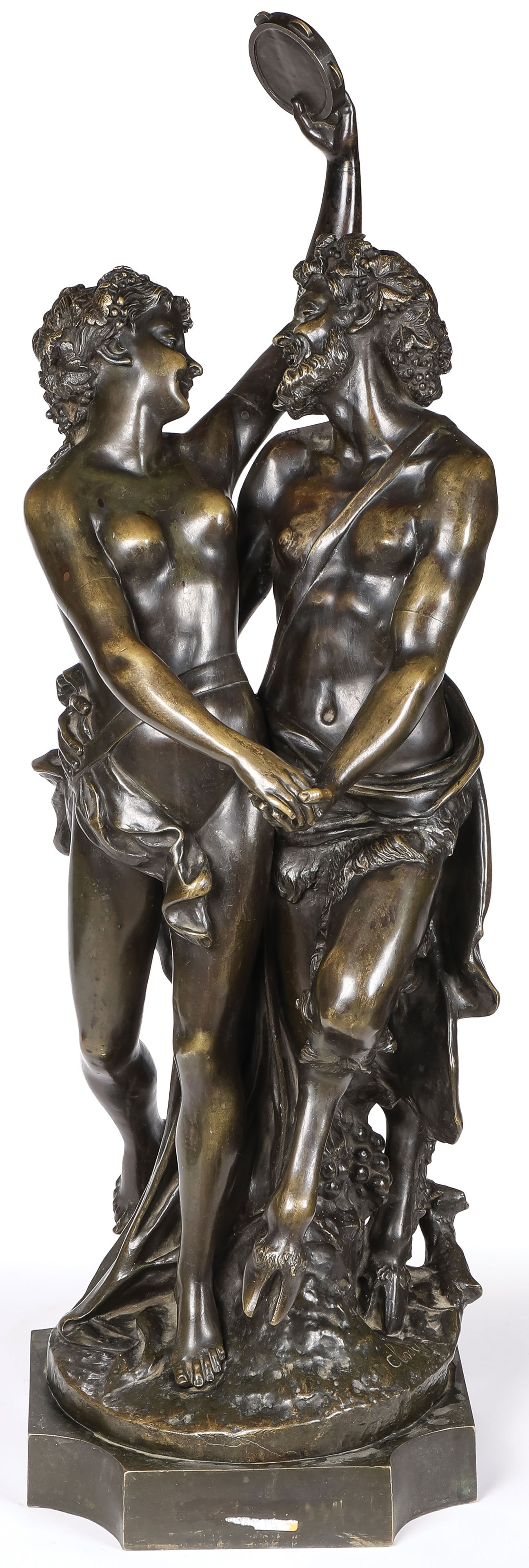LARGE FRENCH SIGNED BRONZE, 19TH C: After Claude Michel Clodion (French 1738-1814) Nymph and Satyr Bronze with dark brown patina Signed on base Clodion Height 36 inches (91.5cm) SHIPPING NOTICE: If you are