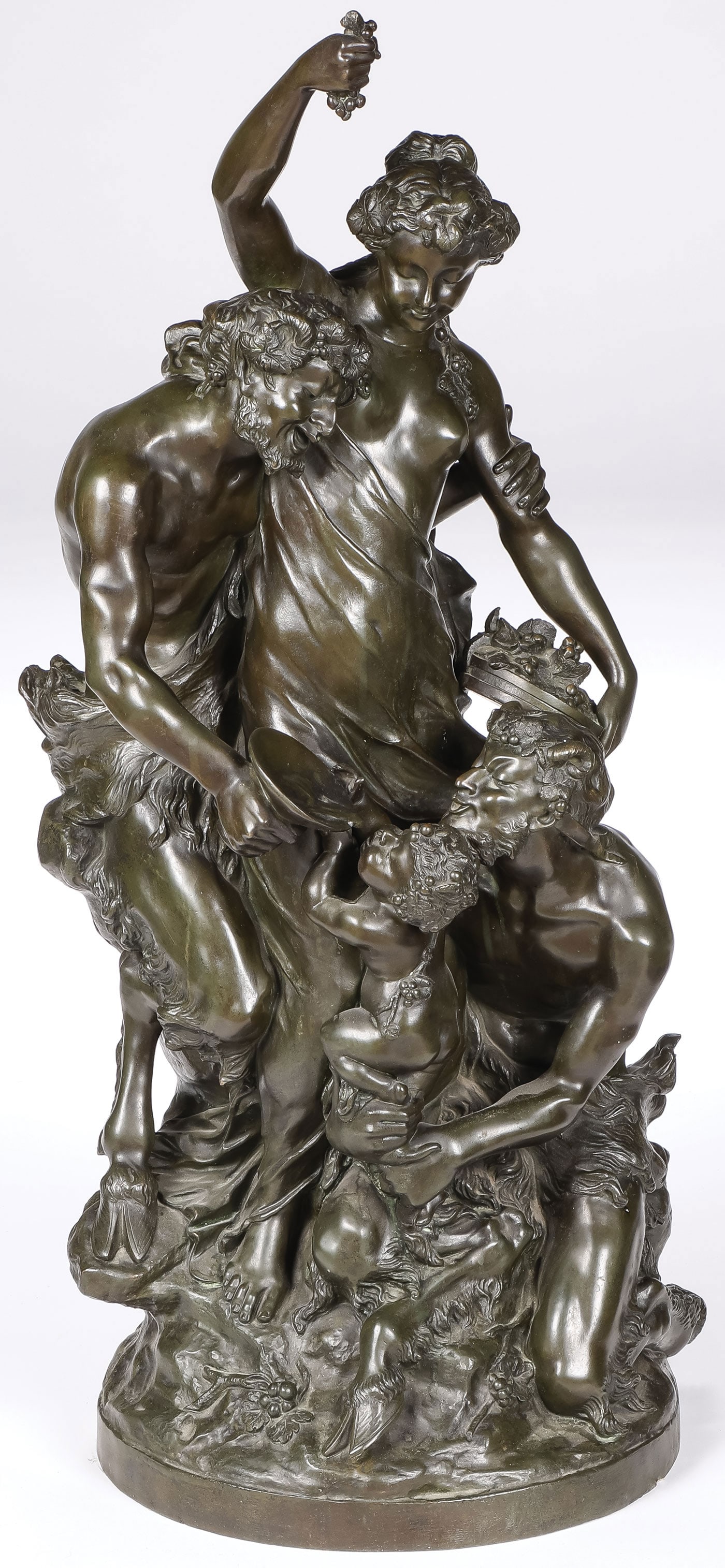 GOOD FRENCH VINTAGE BRONZE, 19th C.?: After Claude Michel Clodion (French 1738-1814) The Education of Bacchus Bronze with dark brown patina Signed on base Clodion Height 30.5 inches (77cm) SHIPPING NOTICE: I