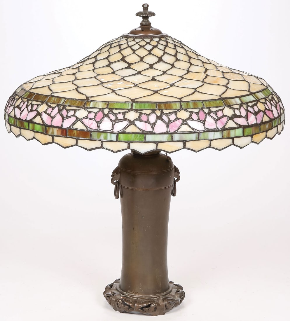 VINTAGE LEADED GLASS TABLE LAMP, HANDEL BASE - 2