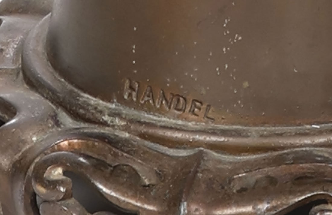 VINTAGE LEADED GLASS TABLE LAMP, HANDEL BASE - 4