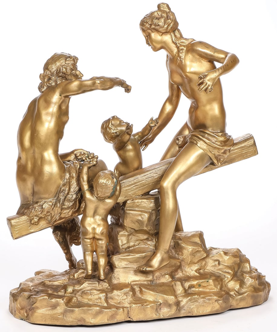 GOOD FRENCH BRONZE AFTER CLODION, 19TH C: After Claude Michel Clodion (French 1738-1814) A Satyr and a Nymph with Babies - a 19th century casting Bronze Unsigned and with Gustav Levey Foundry mark Height 19.75 inches (50cm), width 17 inches (