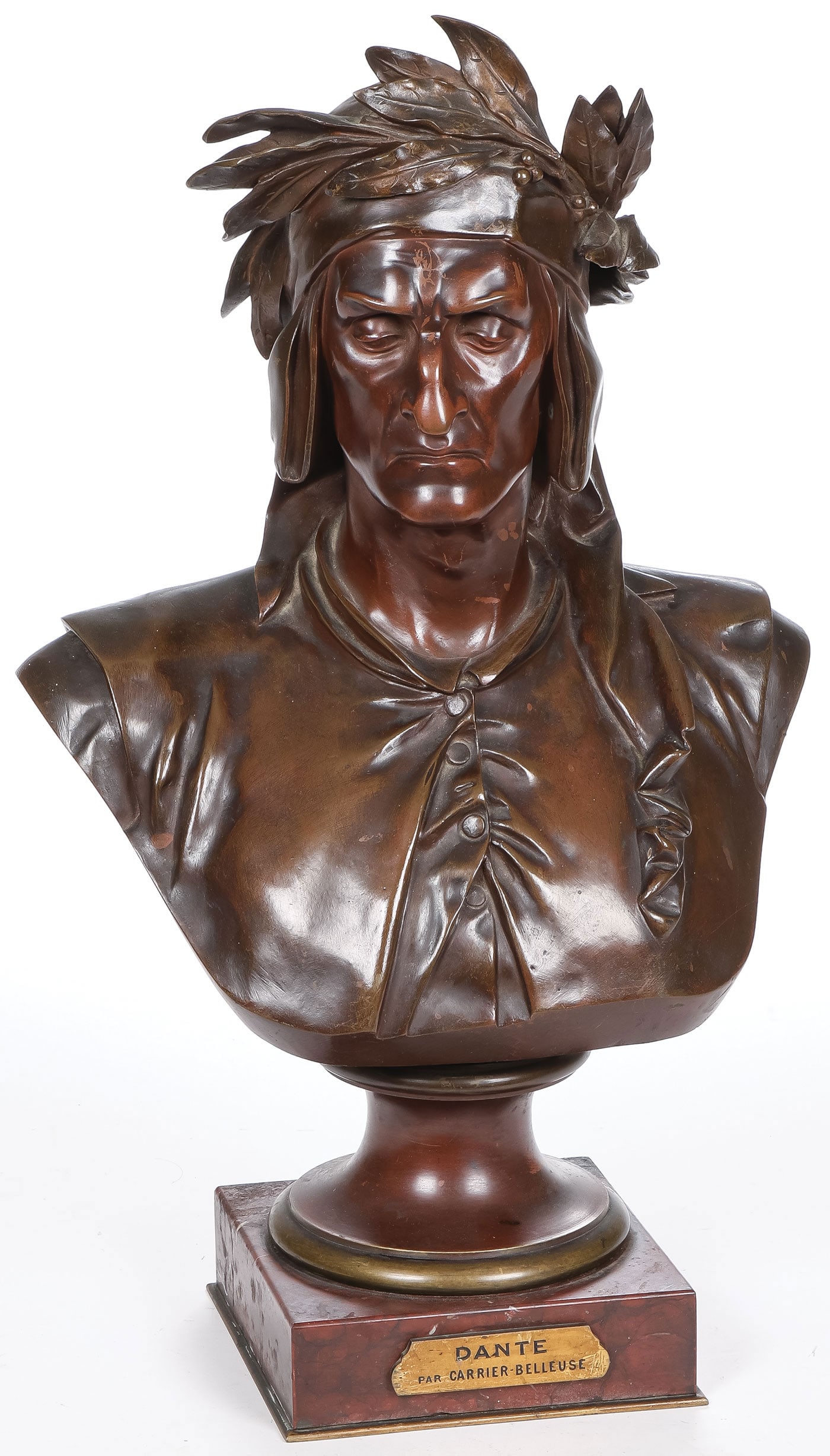 FINE FRENCH BRONZE BUST OF DANTE, 19TH C: Albert Carrier-Belleuse (French 1824-1897) Dante Bronze with rich brown patina on marble base Signed on verso, A. Carrier and shoulder stamped BRONZE GARANTI AU TITRE Height 20 inches (55.8cm)