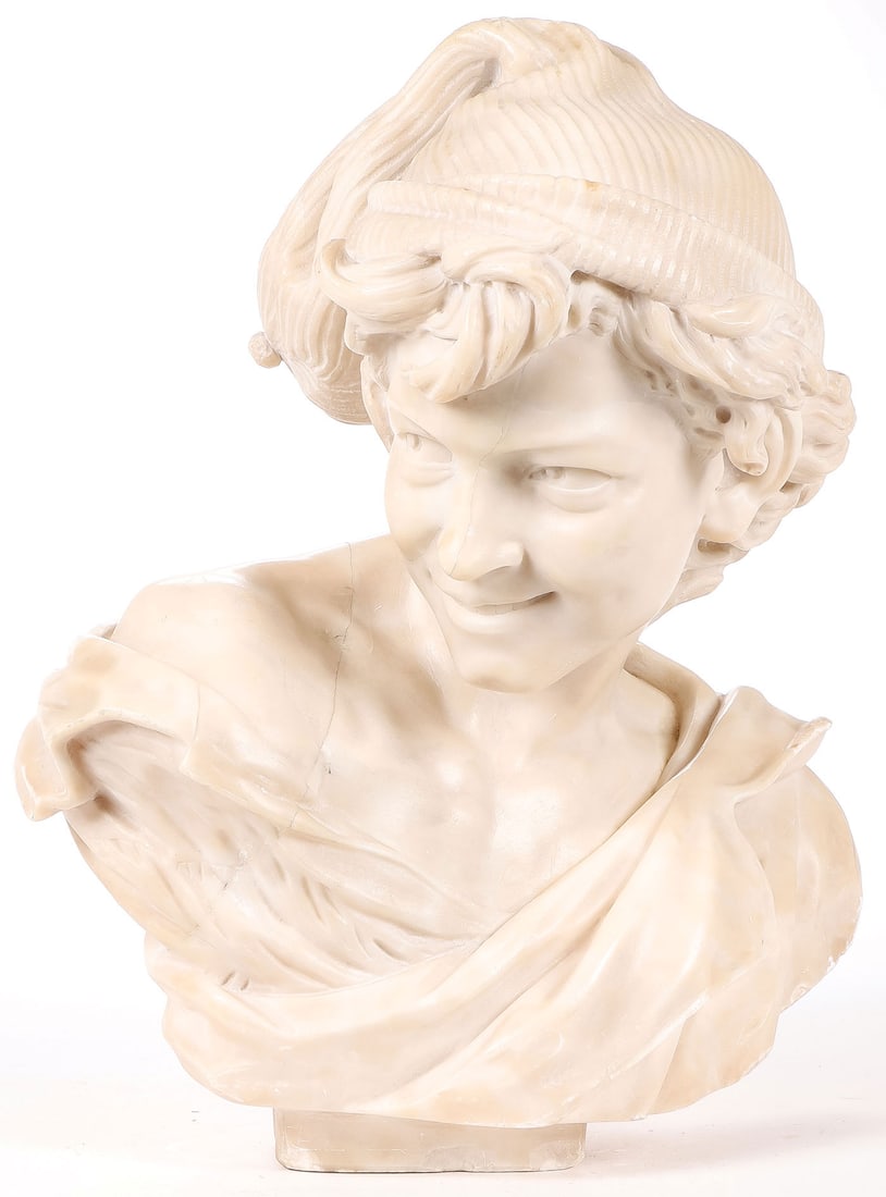 ITALIAN CARVED ALABASTER BUST, 19TH C: ITALIAN CARVED ALABASTER BUST, 19TH C. Comprising a realistically carved bust of a young Neapolitan fisherman, circa 1880. Carved in full round with flowing hair, deep folds, and of good anatomy and