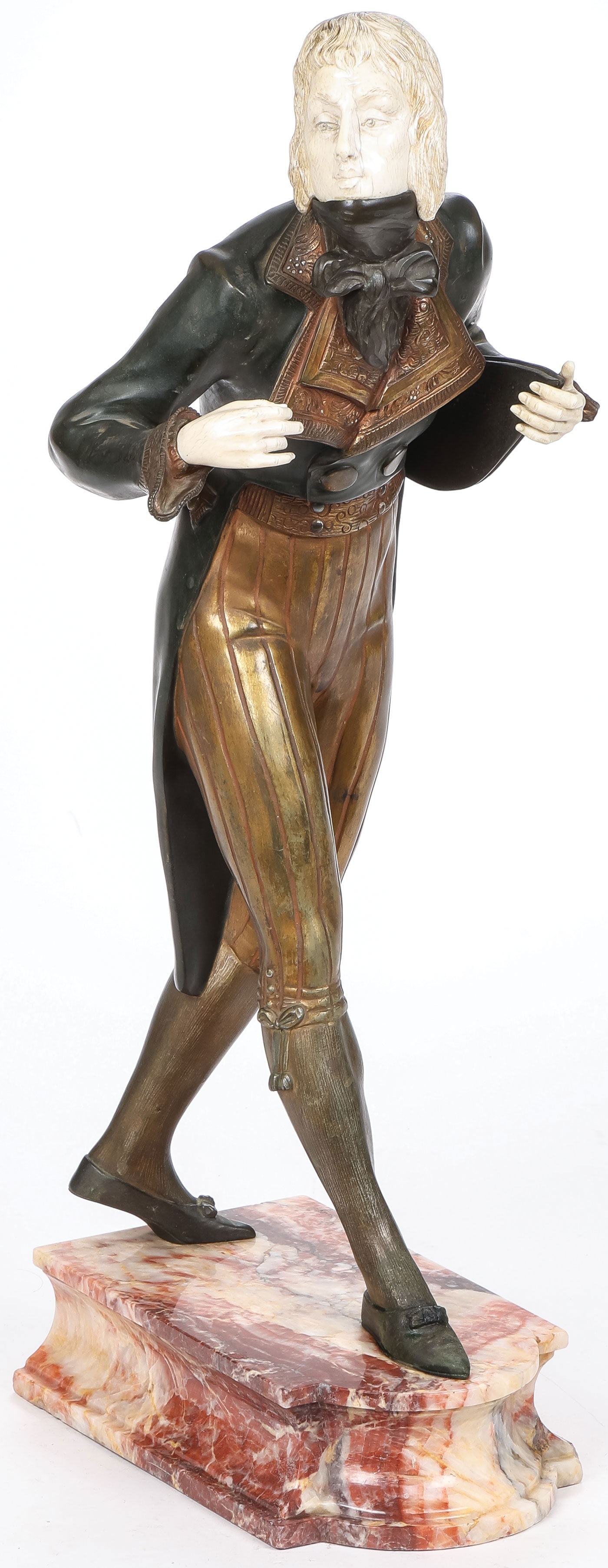 GOOD SIGNED FRENCH CHRYSELEPHANTINE BRONZE: Pierre Le Faguays (French 1892-1962) Incroyable Polychromed bronze and on marble base Signed Le Faguays on base Height including base 24 inches (61cm) NO INTERNATIONAL SHIPPING. SHIPPING RESTRICTIONS