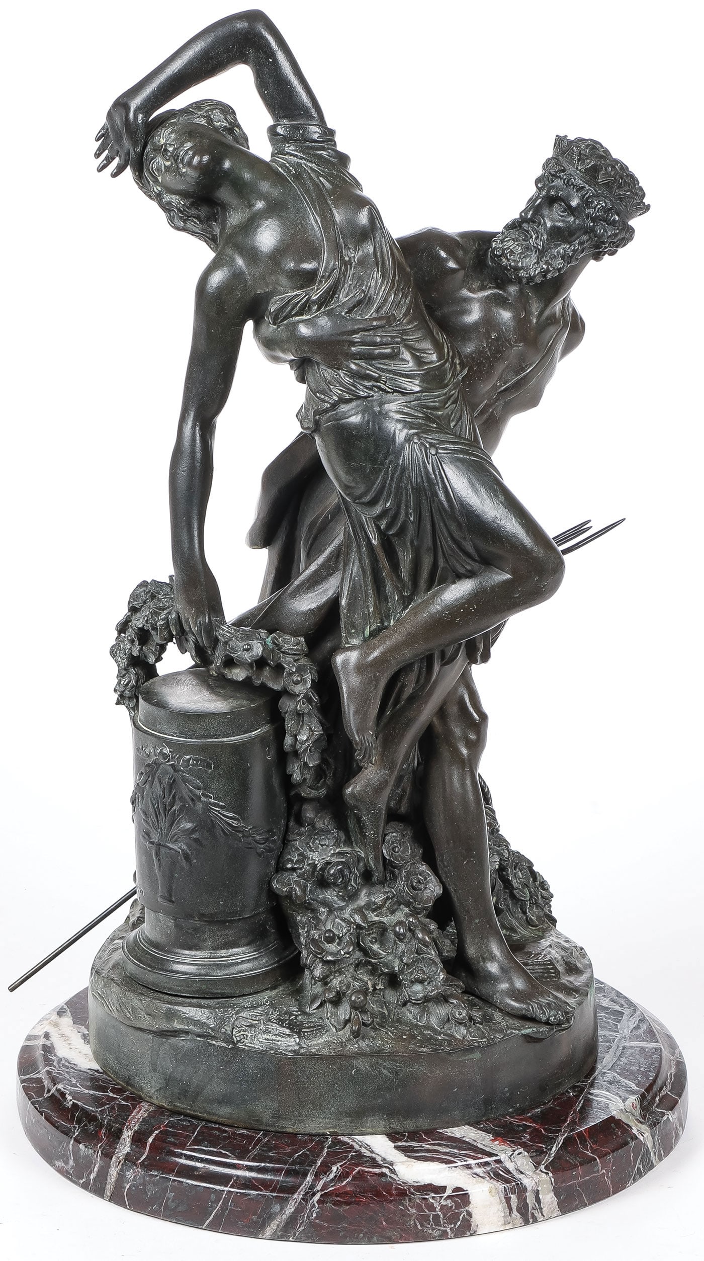 LARGE FRENCH BRONZE AFTER CLODION: Claude Michel Clodion (French 1738-1814) The Abduction of Persephone Bronze with dark brown and verdigris patina on marble base Signed on urn Clodion Height 19 inches (48.2cm), including base 20 inche