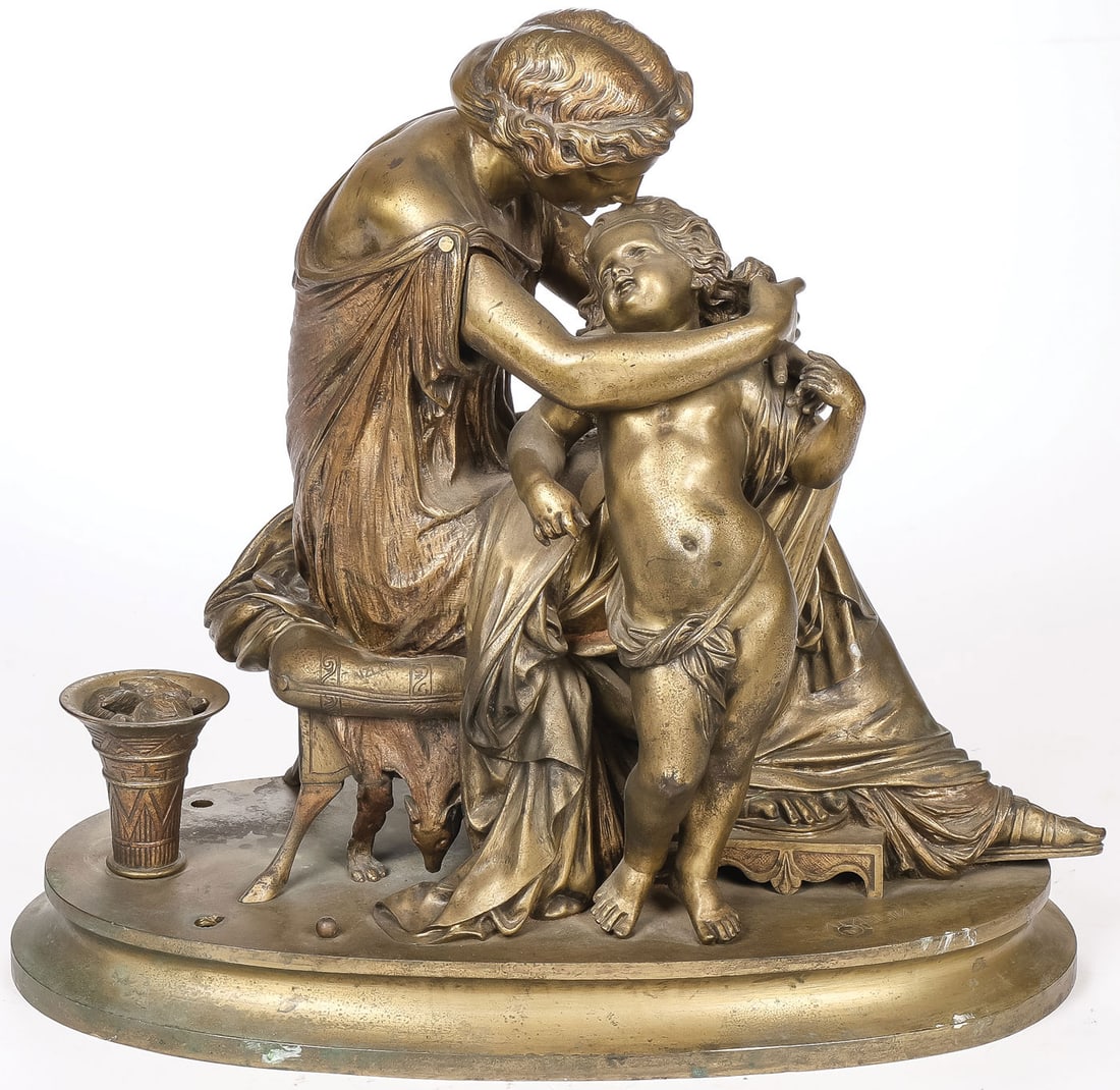 FRENCH CLASSICAL GILT BRONZE GROUP: Eugene Antoine Aizelin (French 1821 ? 1902) Arachne and Closter - circa 1890 Bronze with partial gilt patina Signed on base Height 17 inches (43cm), width 18 inches (46cm) SHIPPING NOTICE: If you are