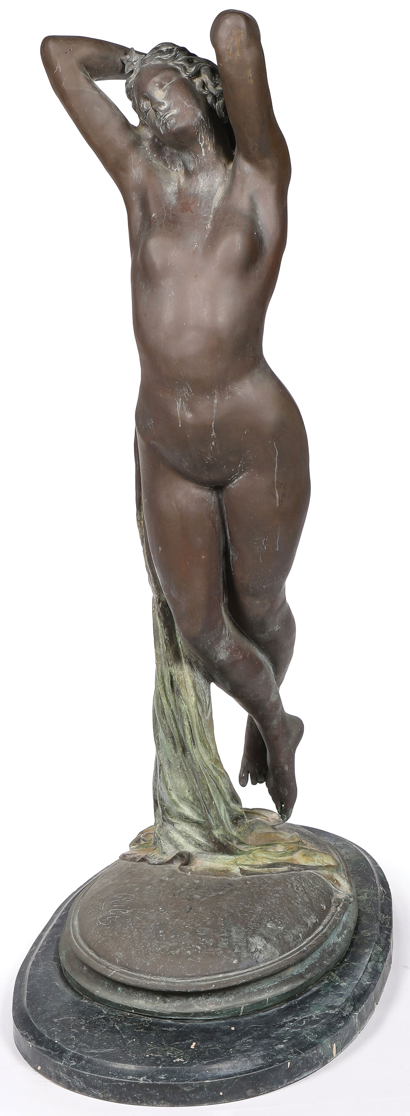 LARGE 19TH CENTURY SIGNED BRONZE: Joseph-Michel-Ange Pollet (Italian 1814-1870) An Hour of the Night Bronze with dark brown patina Signed on base Height 37 inches (94cm). Height on marble base 38.5 inches (98cm) SHIPPING NOTICE: If