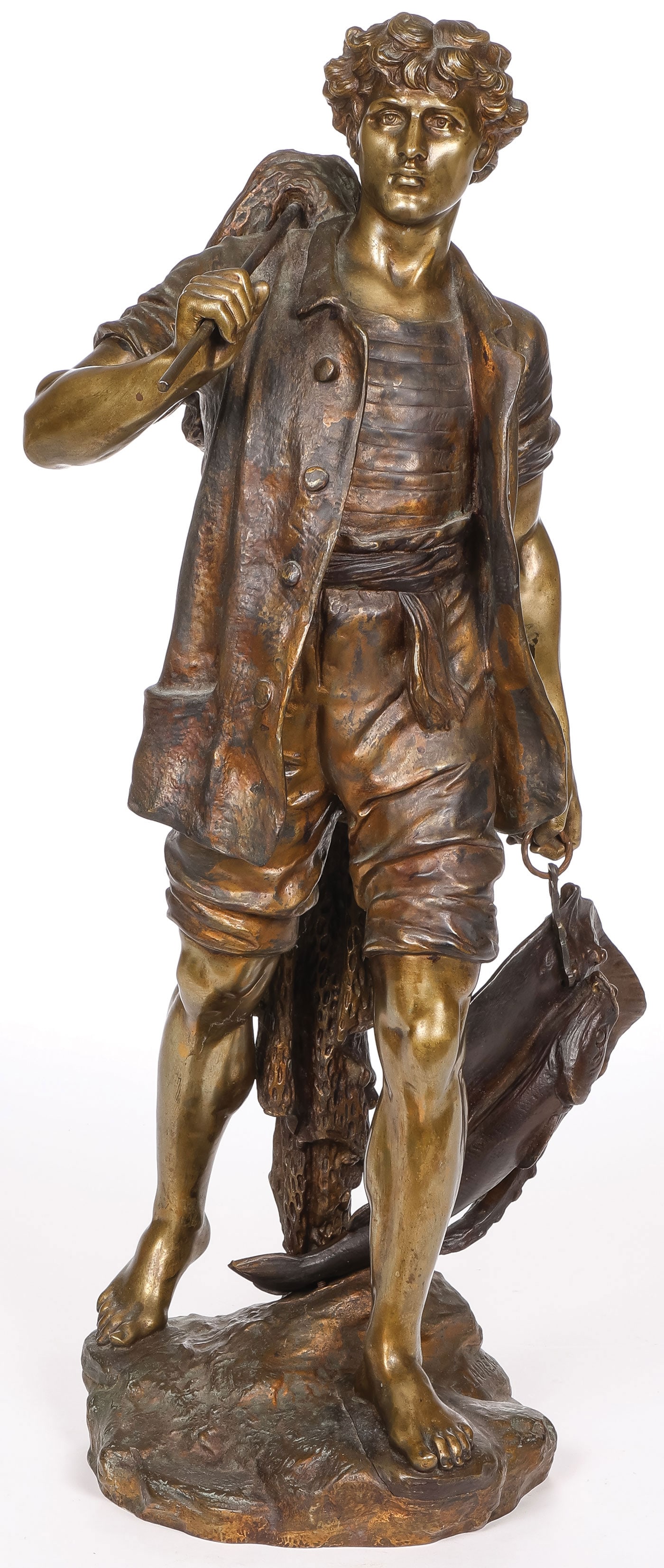 GOOD SIGNED FRENCH BRONZE, 19TH CENTURY: Eugene Laurent (French 1832-1898) Fisherman with a Days Catch Parcel gilt bronze with light brown patina Signed on base "E. Laurent" Height 24.5 inches (62.2 cm) SHIPPING NOTICE: