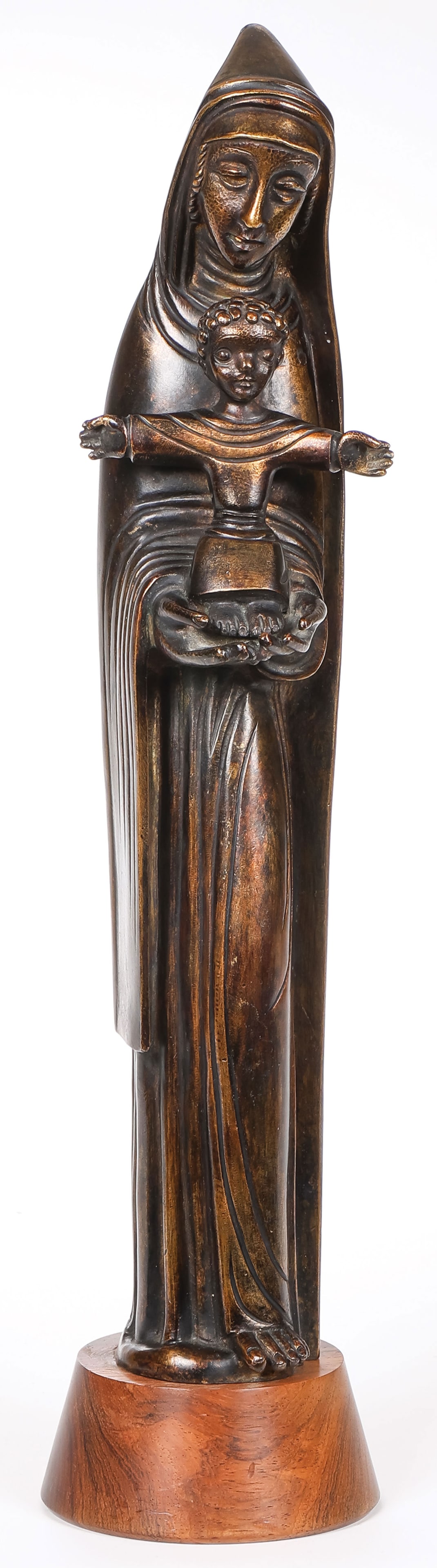 LARGE RUCKI BRONZE MADONNA & CHILD: Jean Lambert-Rucki (Polish 1888-1967) Madonna and Child Bronze with brown and gilt patina on original wood base Signed on side Overall height on base 17.8 inches (44.7cm) SHIPPING NOTICE: If you are