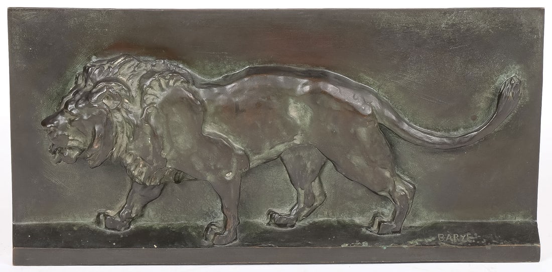 BRONZE bas-relief LION PLAQUE, BAYRE: After Antione Louis Bayre (French 1796 ? 1875) Prowling Lion Bronze in bas-relief with dark brown patina Signed on base Height 7.5 inches (19cm), Length 15.5 (39.5cm) SHIPPING NOTICE: