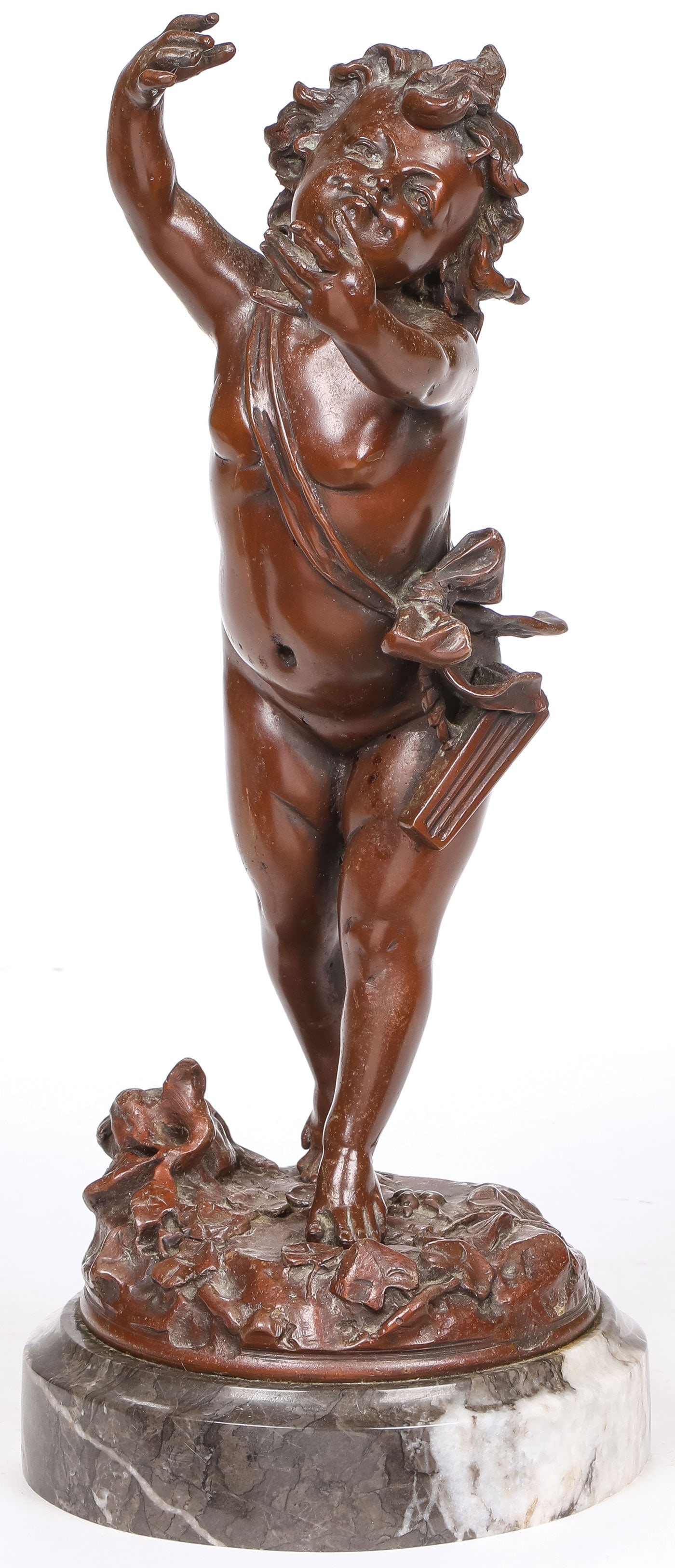 SIGNED FRENCH PATINATED BRONZE: SIGNED FRENCH PATINATED BRONZE. Comprising a finely sculpted patinated bronze figure of Cupid resting on a marble base, the bronze signed O. Morel. Greatest height including marble base 14.25 inches