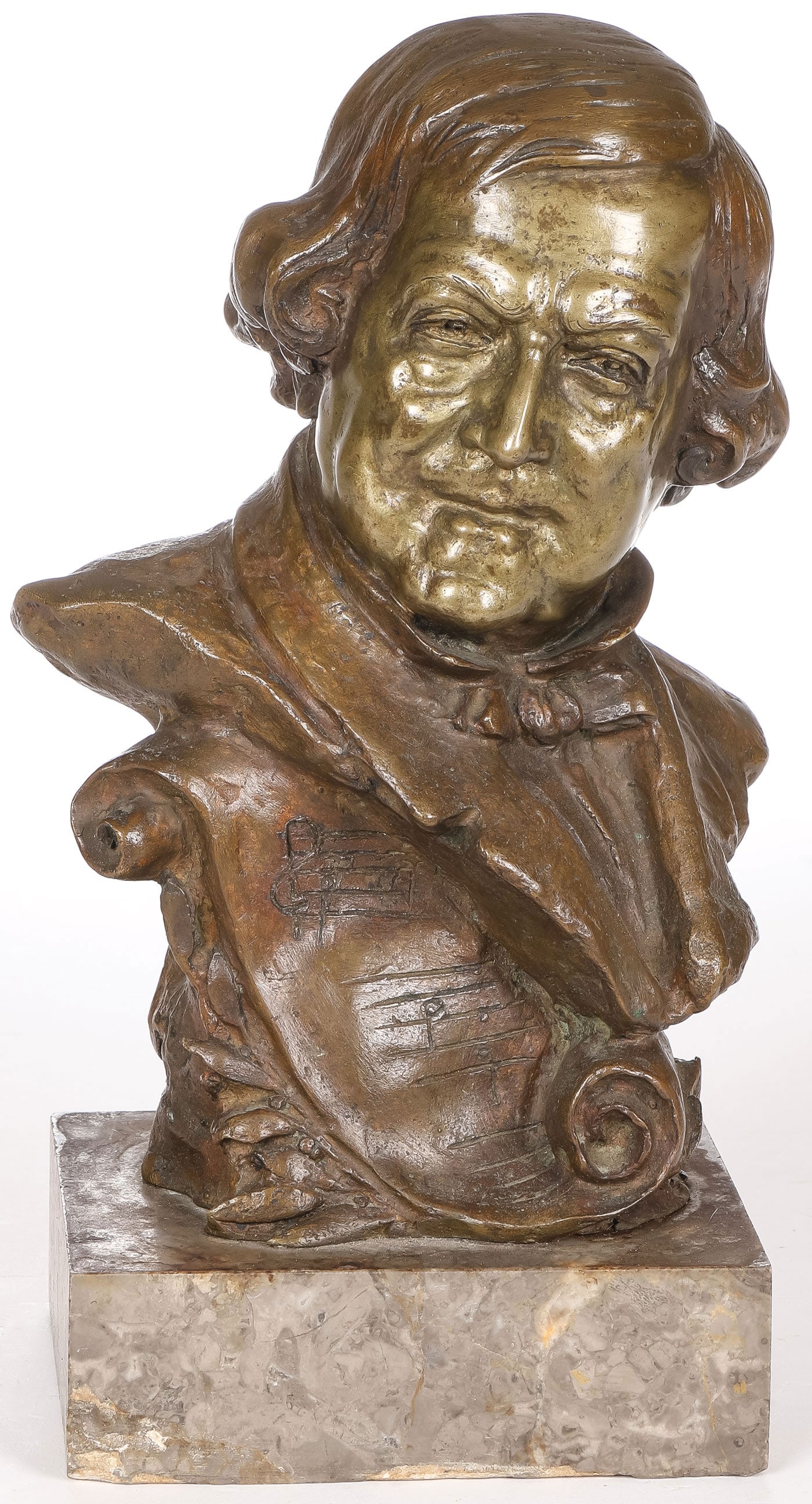BRONZE BUST OF THE COMPOSER ROSSINI: Francesco De Luca (Italian 19th/20th Century) Bust of Gioachino Rossini -1927 Bronze with brown patina Signed on verso and dated 1927 Overall height on marble base 10.25 inches (26cm) SHIPPING