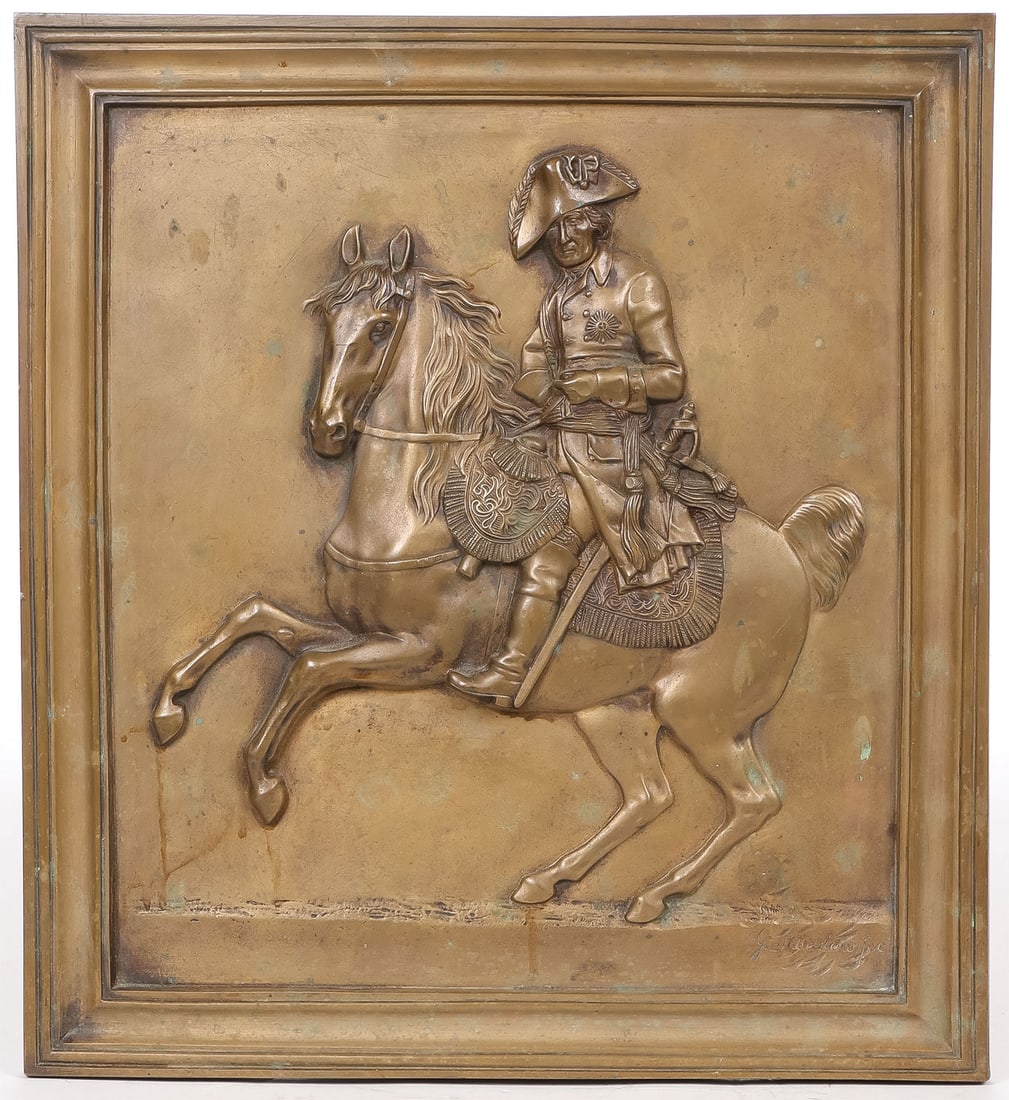 BRONZE PLAQUE OF FREDERICK THE GREAT: Johann Gottfried Schadow (German 1764 ? 1850) Frederick the Great bas-relief patinated bronze plaque Signed lower right 14.5 x 13.25 inches (37 x 33.5cm) SHIPPING NOTICE: If you are not using the