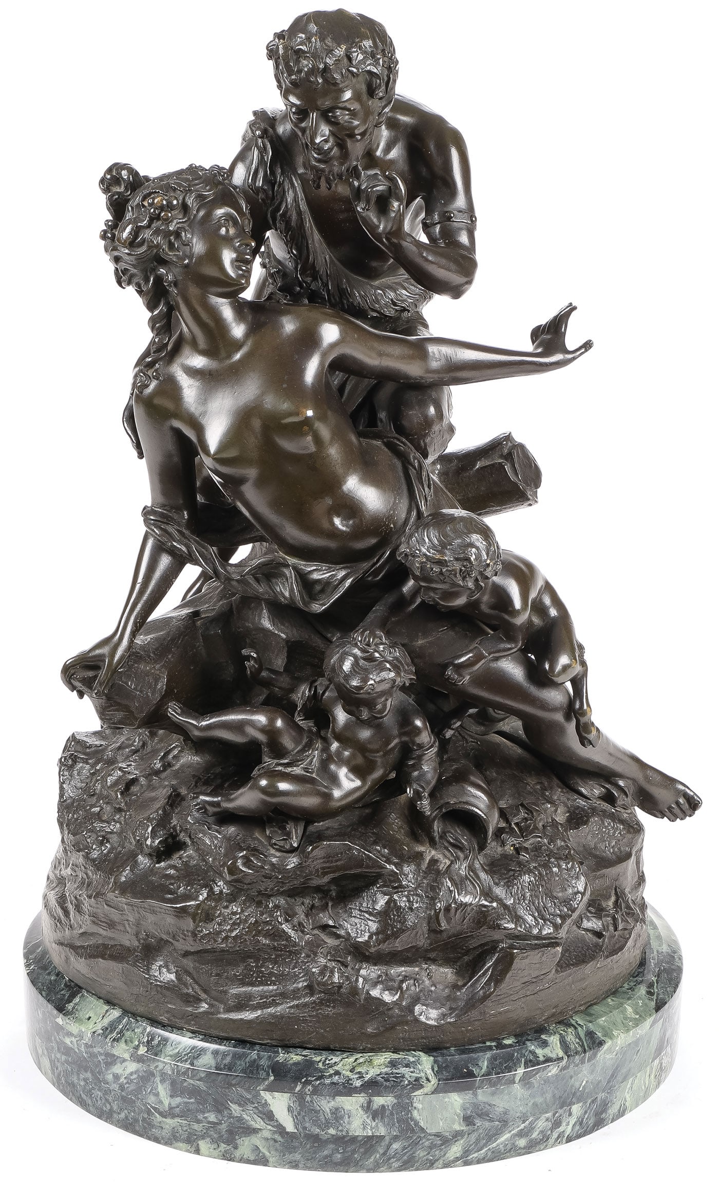 PATINATED FRENCH BRONZE AFTER CLODION: After Claude Michel Clodion (French 1738-1814) Bacchante and Satyr with Putti Bronze with dark brown patina Signed on base Clodion Height 19 inches (48.2cm) SHIPPING NOTICE:<
