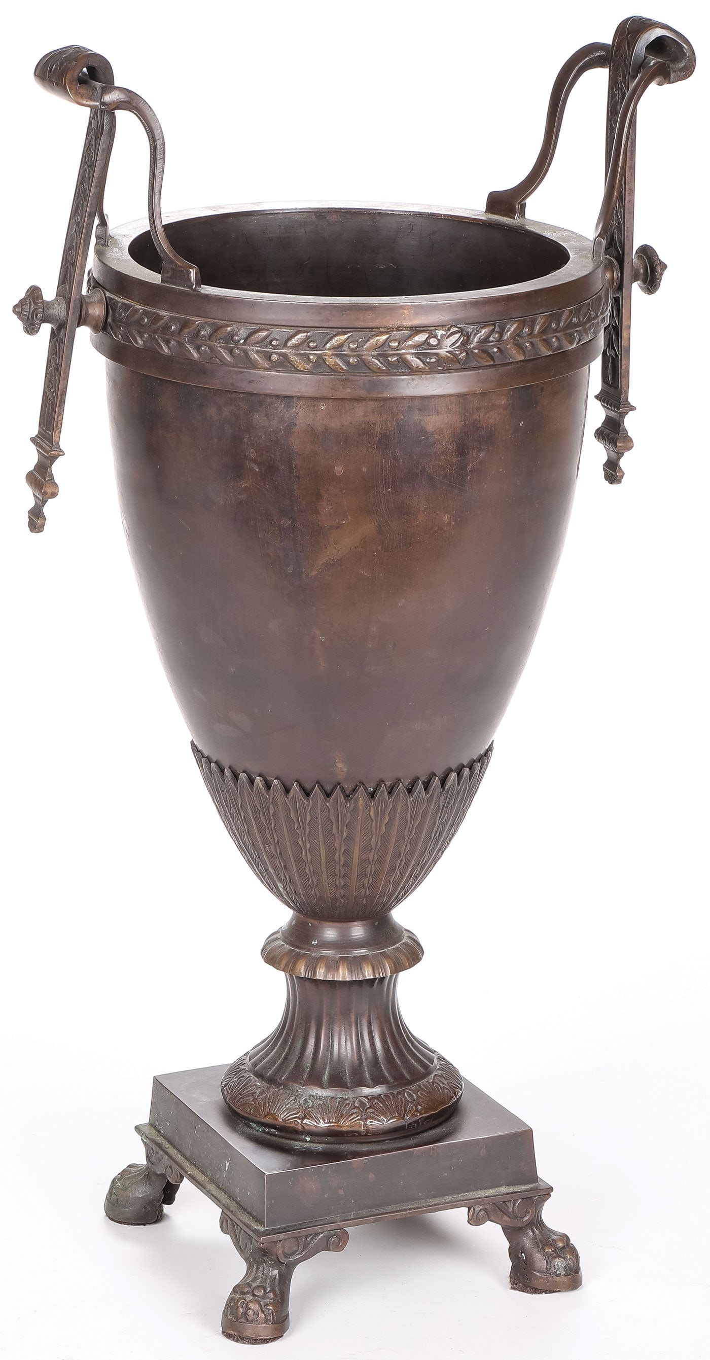 PATINATED BRONZE URN: PATINATED BRONZE URN. Of classical form, resting on a raised footed base, the rim banded in laurel wreath with ornate opposing handles. Height 21 inches (53.5cm). SHIPPING NOTICE: If you are not using