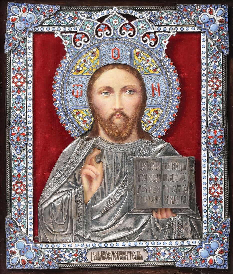A UNIQUE ENAMELED RUSSIAN ICON: A UNIQUE ENAMELED RUSSIAN ICON. Comprising an icon of Christ as the Lord Almighty delivering a blessing and holding an open book of Gospels to Matthew 11:28. The face and hands of Christ rendered in e