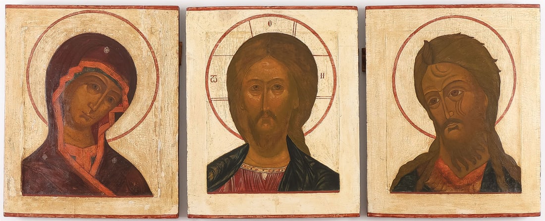 BEAUTIFUL 3-PIECE RUSSIAN ICON DIESIS GROUP, 18TH: BEAUTIFUL 3-PIECE RUSSIAN ICON DIESIS GROUP, 18TH C. Comprising a large, impressive, and finely painted matching three-piece Deisis group. At center, Christ as The Lord Almighty, on the left The Virgi