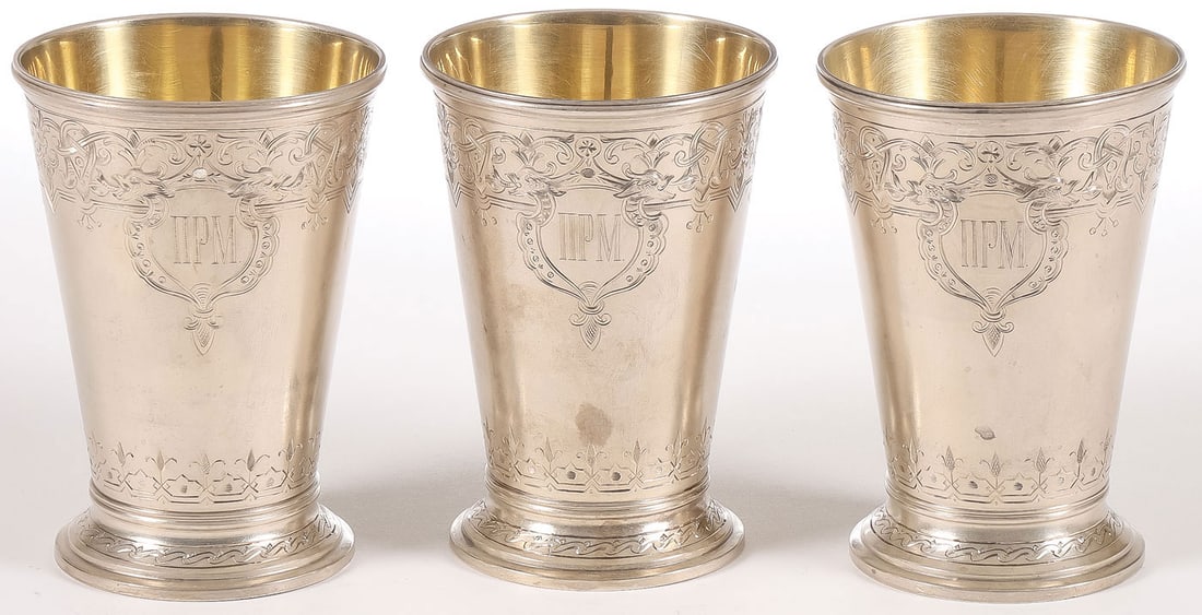 3 RUSSIAN SILVER MILITARY BEAKERS, C. 1900 (1 of 4)