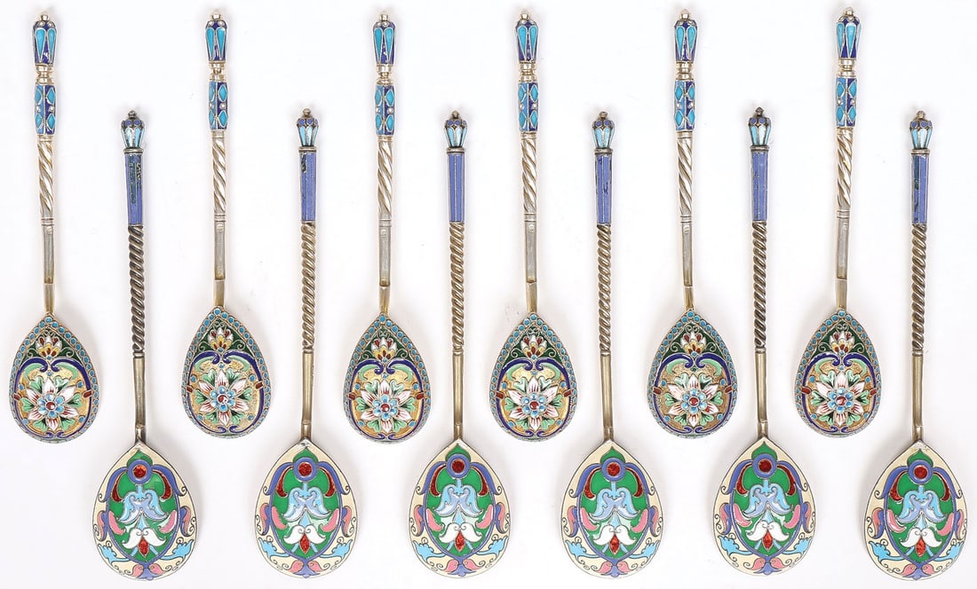 RUSSIAN SILVER-GILT & ENAMEL SPOONS (1 of 6)