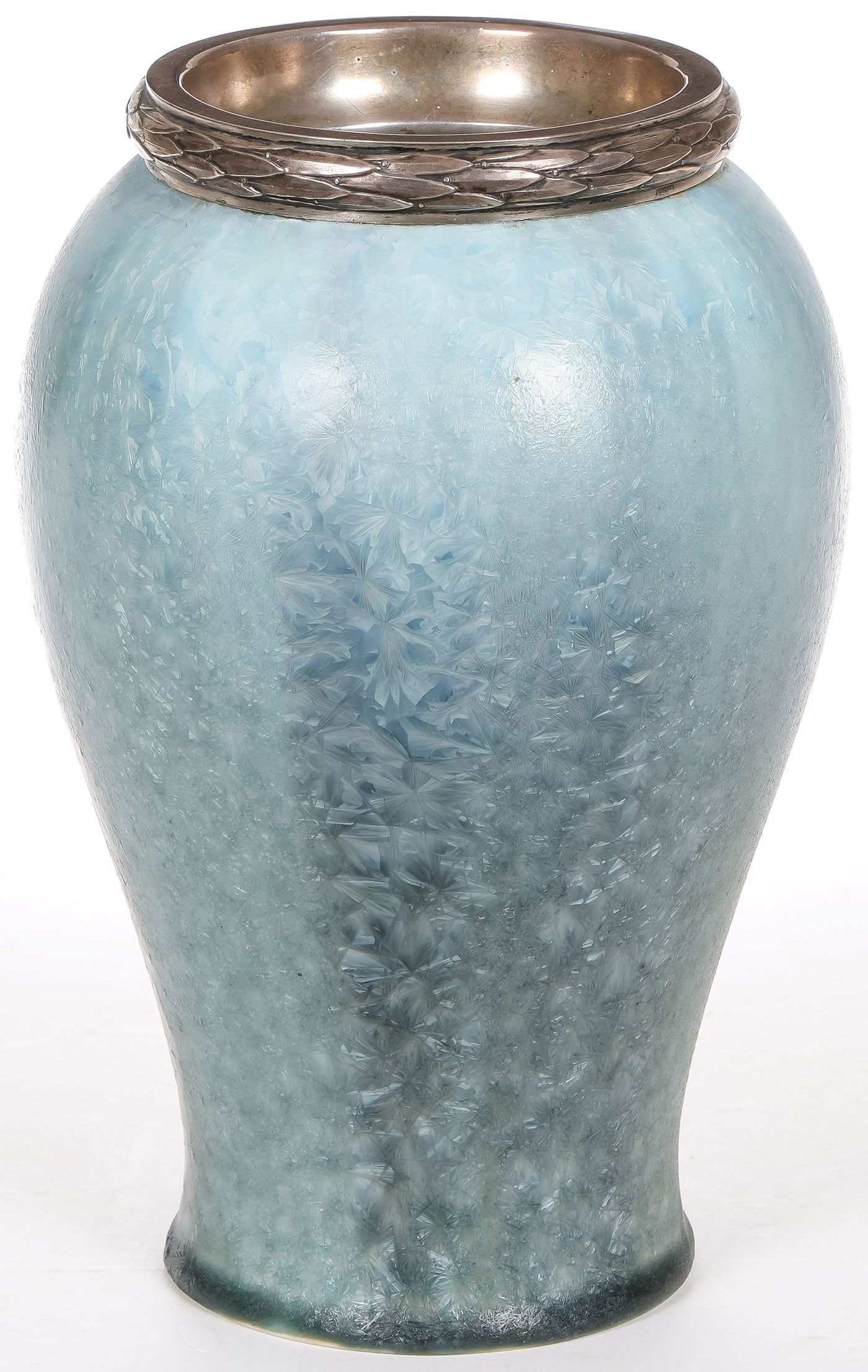 RARE RUSSIAN IMPERIAL PORCELAIN FACTORY VASE: RARE RUSSIAN IMPERIAL PORCELAIN FACTORY VASE. Of baluster form, the body with unique bluish green frosted snowflake finish. The rim banded in silver laurels displaying two stamps, one indistinguishabl