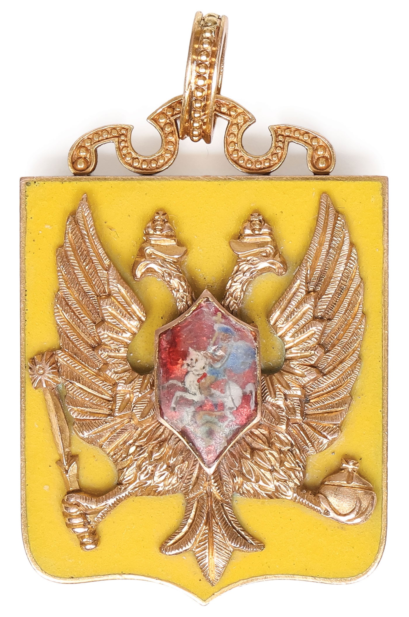 HISTORIC FABERGE GOLD & ENAMEL JETON, TILLANDER: HISTORIC FABERGE GOLD & ENAMEL JETON, TILLANDER. Comprising a gold and enamel commemorative jeton for the Moscow Horse-drawn Railway. Tillander, St. Petersburg, 1908-1917. Formed as a shield, the