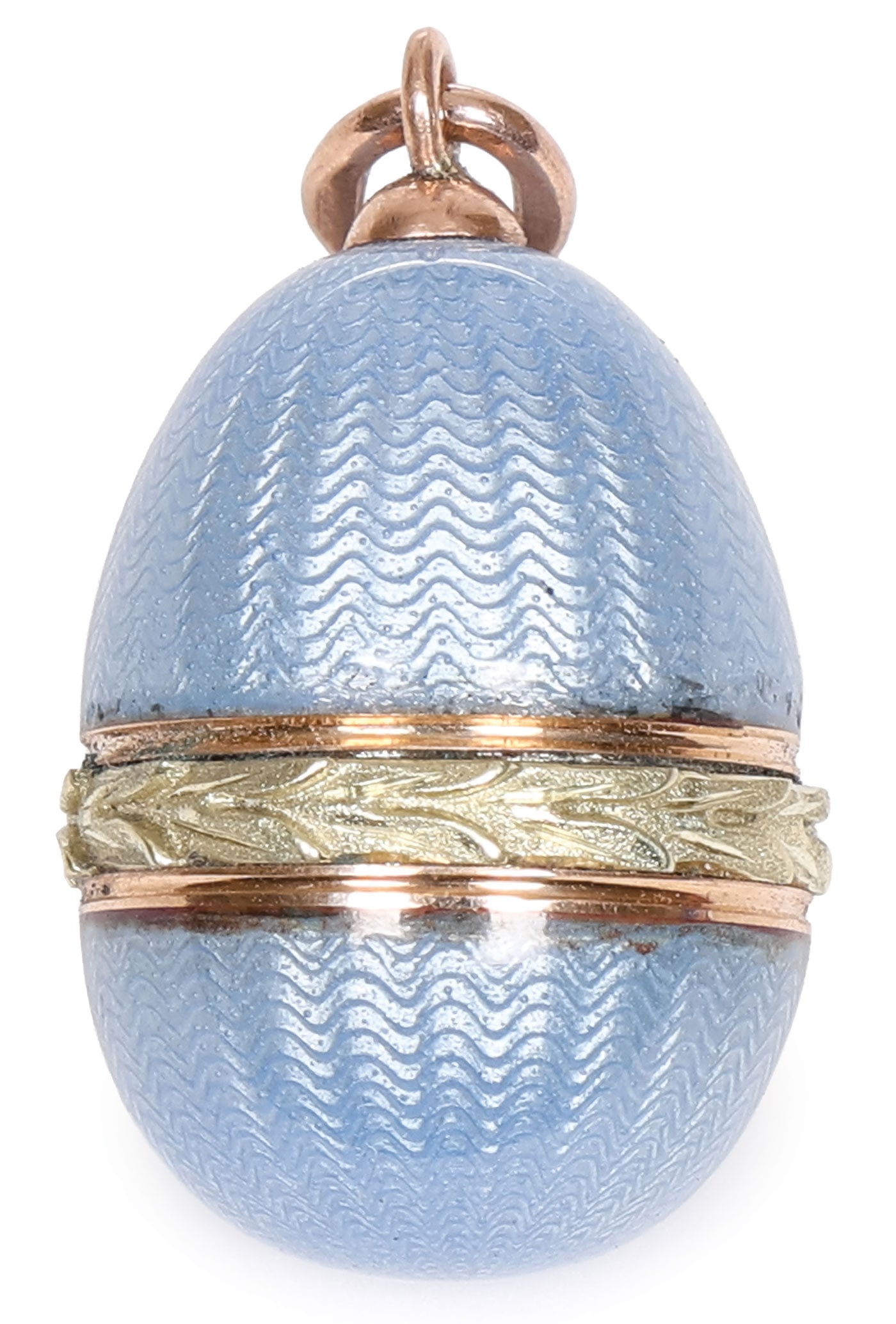FABERGE GOLD & ENAMEL PENDANT EGG: FABERGE GOLD & ENAMEL PENDANT EGG. Overall, in translucent blue enamel over a herringbone guilloche ground and banded in varicolored gold with chased laurels. The suspension loop hallmarked St. Peters