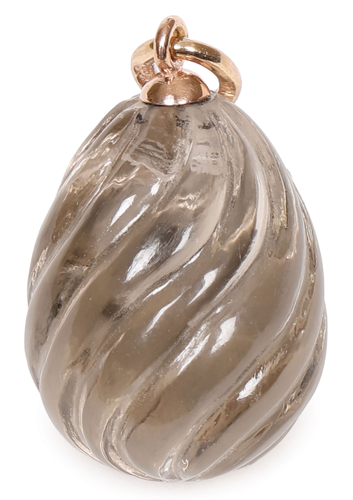 FABERGE SMOKY QUARTZ PENDANT EGG: FABERGE SMOKY QUARTZ PENDANT EGG. The body of egg swirl carved and polished, the gold suspension loop with Cyrillic maker mark KF and stamped with 56 gold standard (14k). Length .8 inches (2.2cm) SHIP