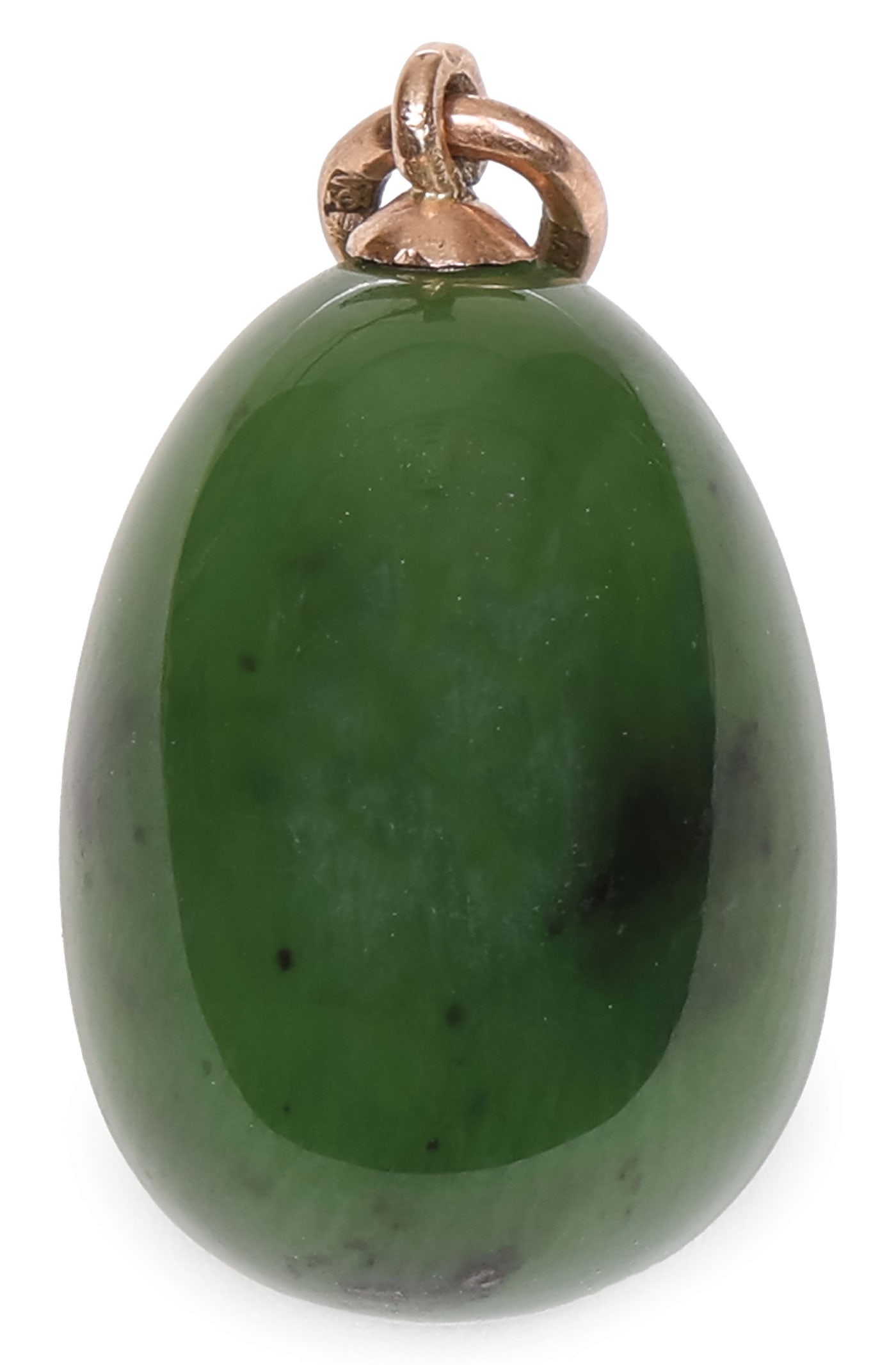 FABERGE NEPHRITE PENDANT EGG, ST. PETERSBURG: FABERGE NEPHRITE PENDANT EGG, ST. PETERSBURG C. 1908-. The carved and polished nephrite egg form with gold suspension loop, hallmarked St. Petersburg, Cyrillic workmaster's initials FA for Feodor Afan