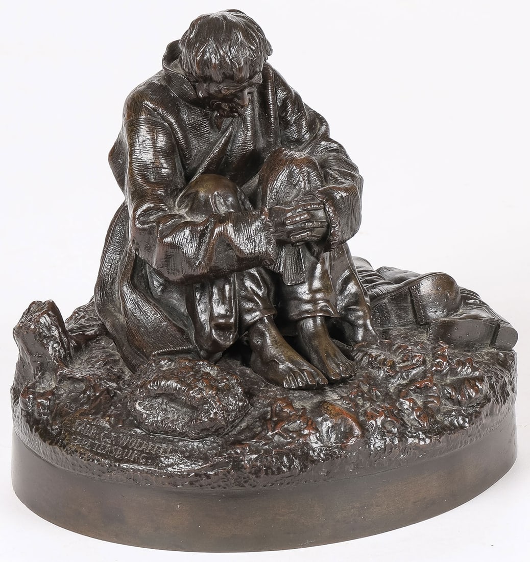 EXCEPTIONAL RUSSIAN BRONZE BY POSEN: Leonid Vladimirovich Pozen (1849?1921) Man in Sorrow ? circa 1883 Bronze with dark brown patina Inscribed on base in script form Sculp.Posene and with C.F. Woerffel foundry mark St. Petersburg Height 