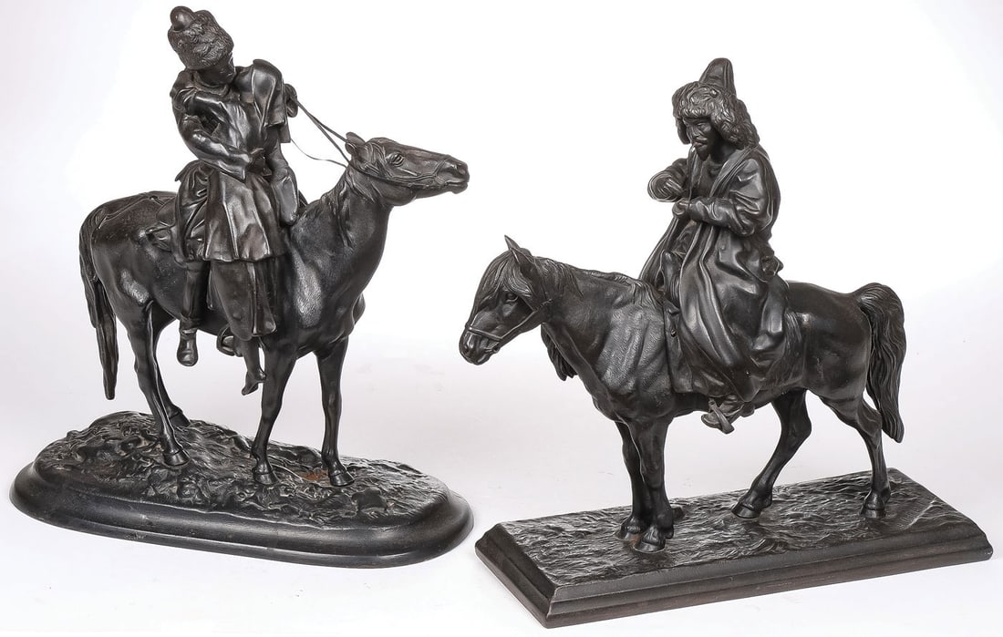 2 RUSSIAN CAST IRON SCULPTURES KASLI, C. 1900: 2 RUSSIAN CAST IRON SCULPTURES KASLI, C. 1900. Comprising a finely sculpted figure of a Kyrgyz rider on horseback smoking a pipe, signed on base in Cyrillic A. Ober, and dated 1872 (Artemi Ober